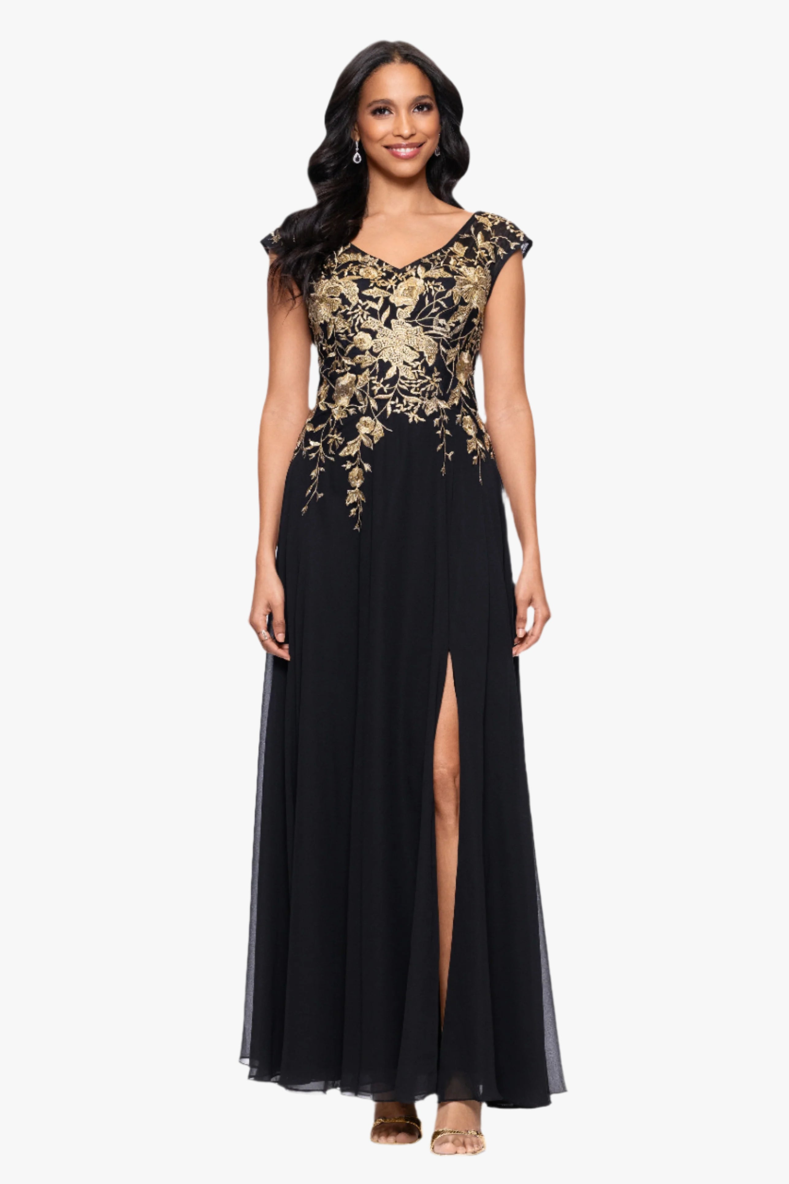 Petite "Maeve" Chiffon Embroidered Bodice Floor Length Dress
