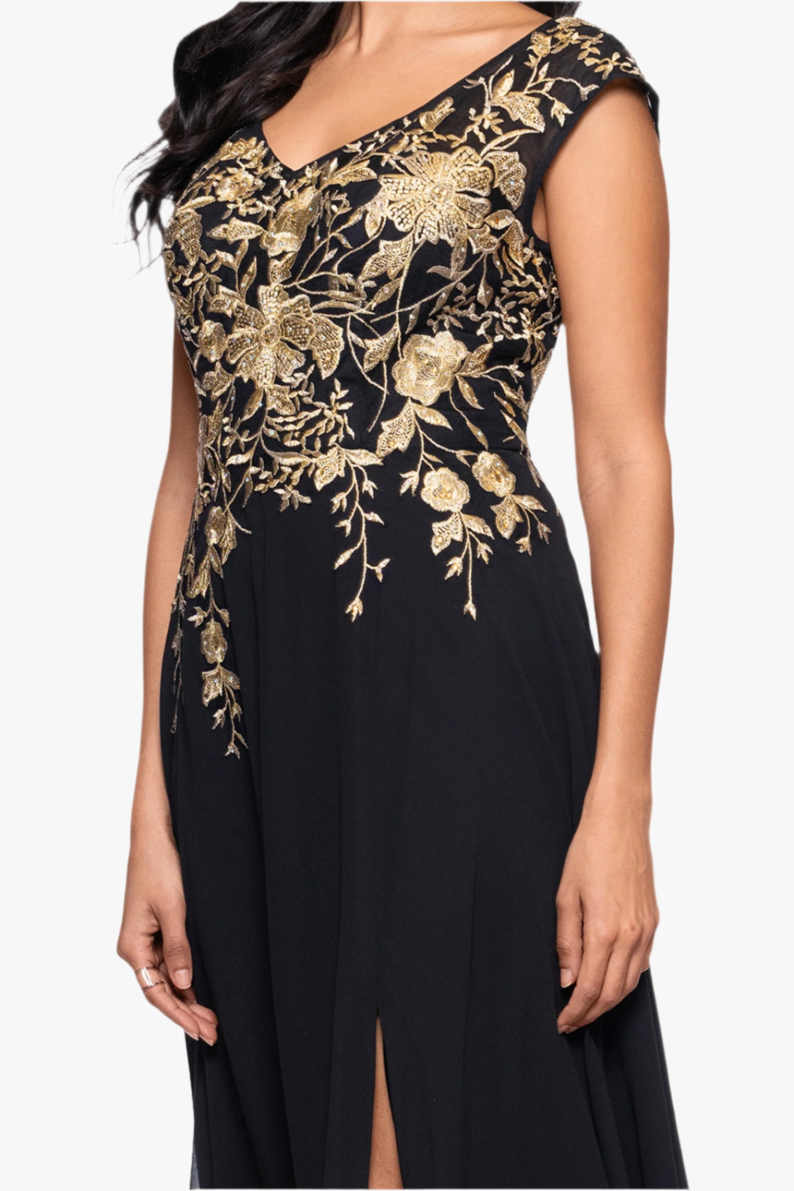 Petite "Maeve" Chiffon Embroidered Bodice Floor Length Dress