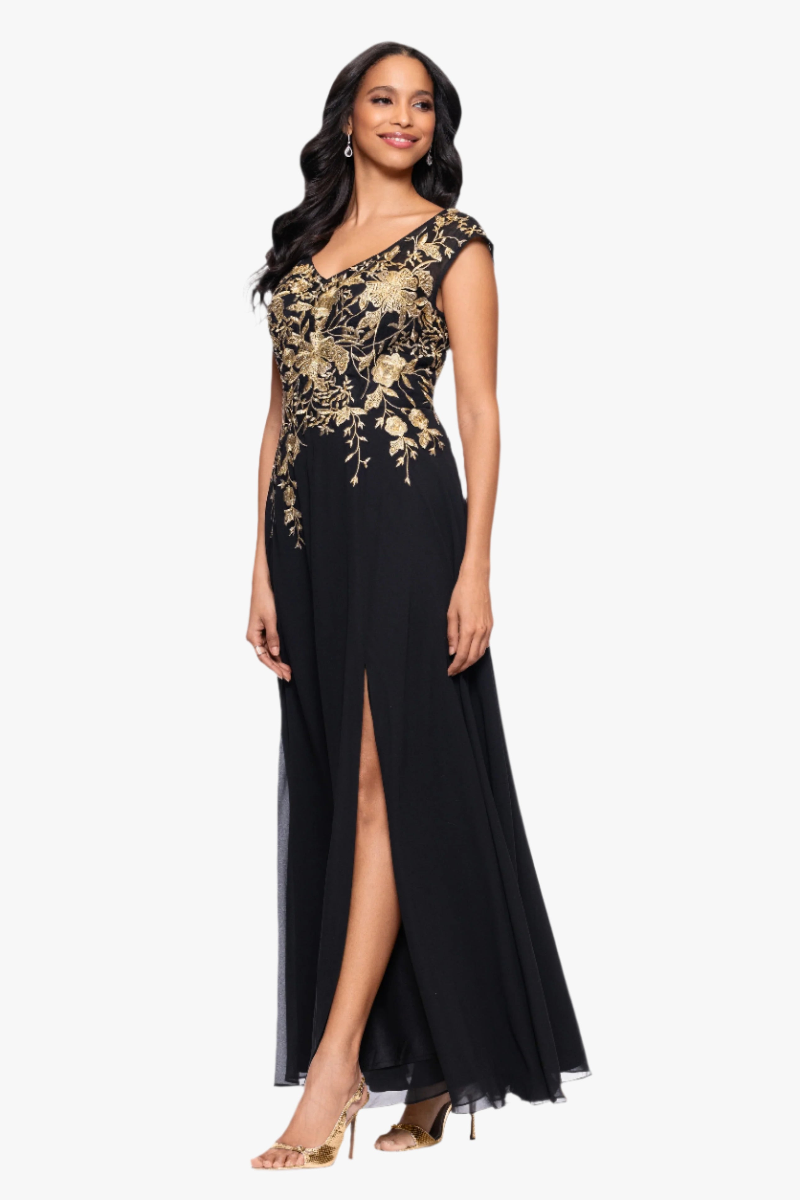 Petite "Maeve" Chiffon Embroidered Bodice Floor Length Dress