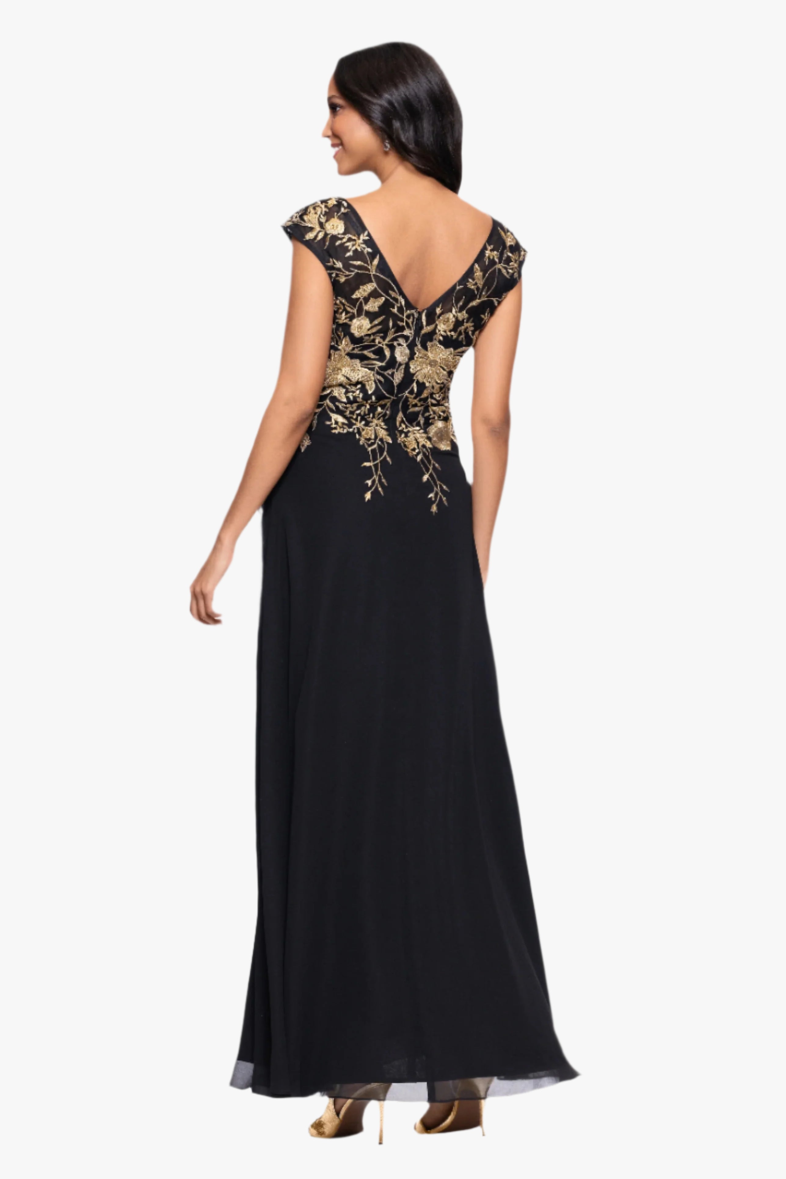 Petite "Maeve" Chiffon Embroidered Bodice Floor Length Dress