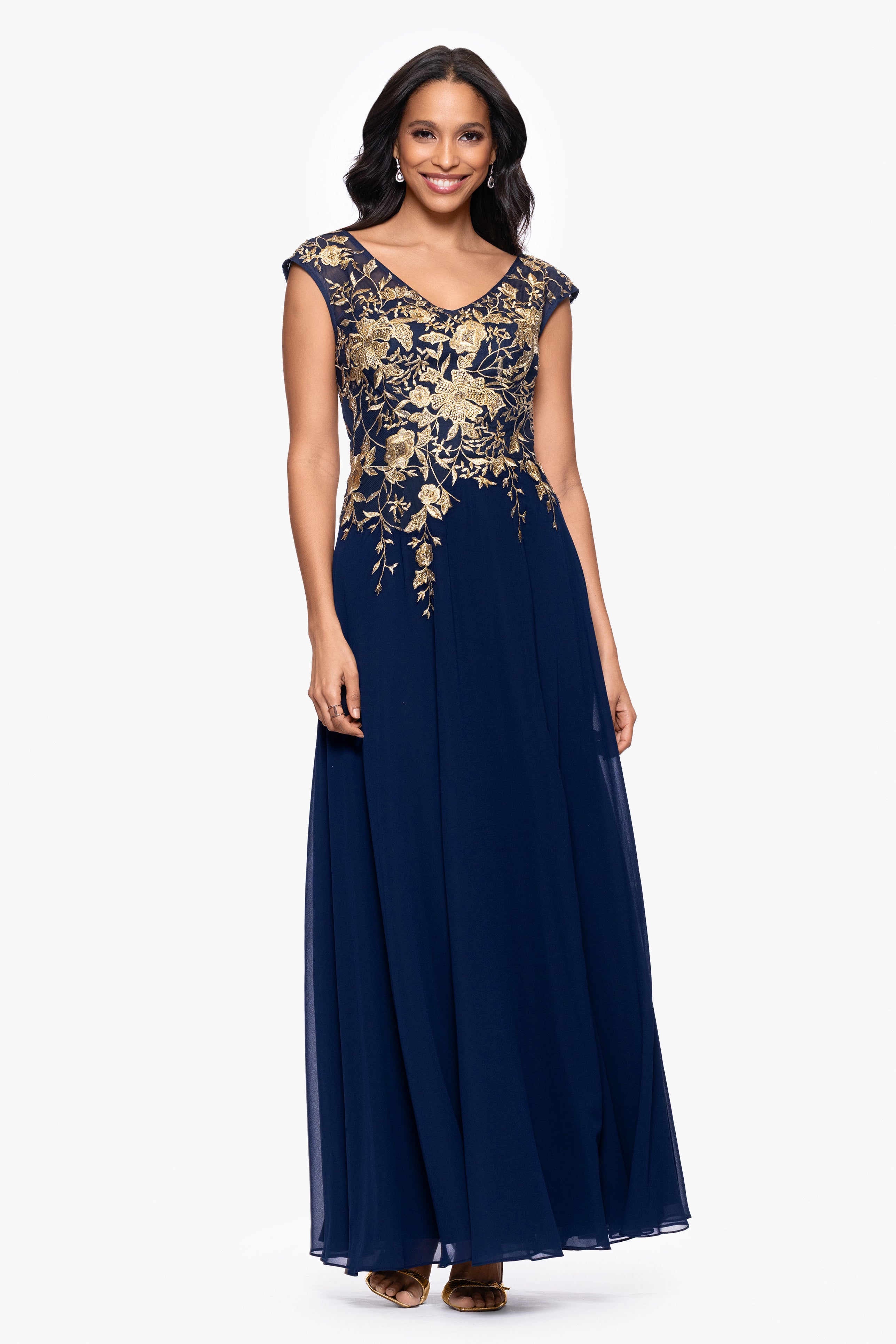 "Maeve" Chiffon Embroidered Bodice Floor Length Dress