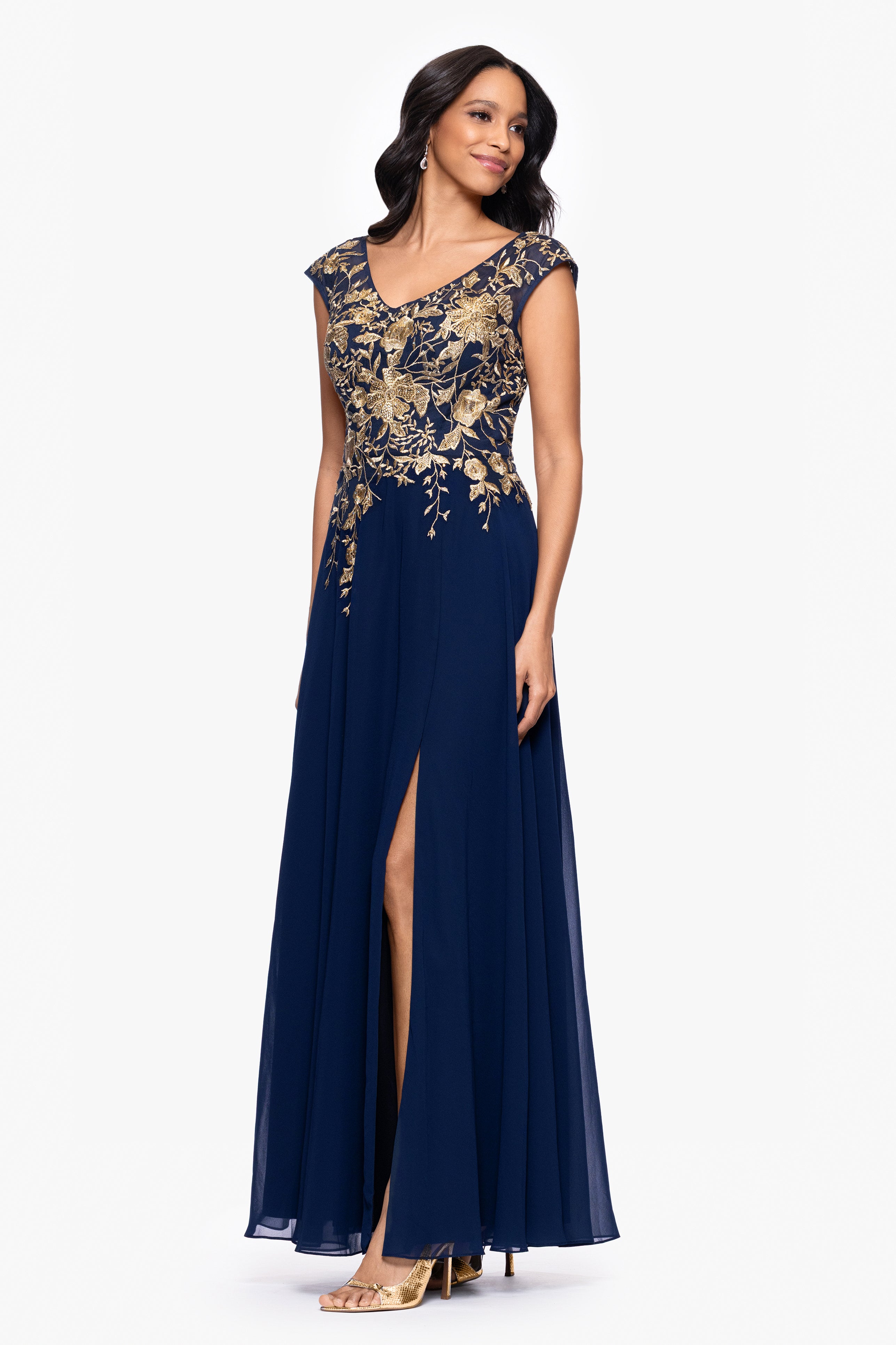 "Maeve" Chiffon Embroidered Bodice Floor Length Dress