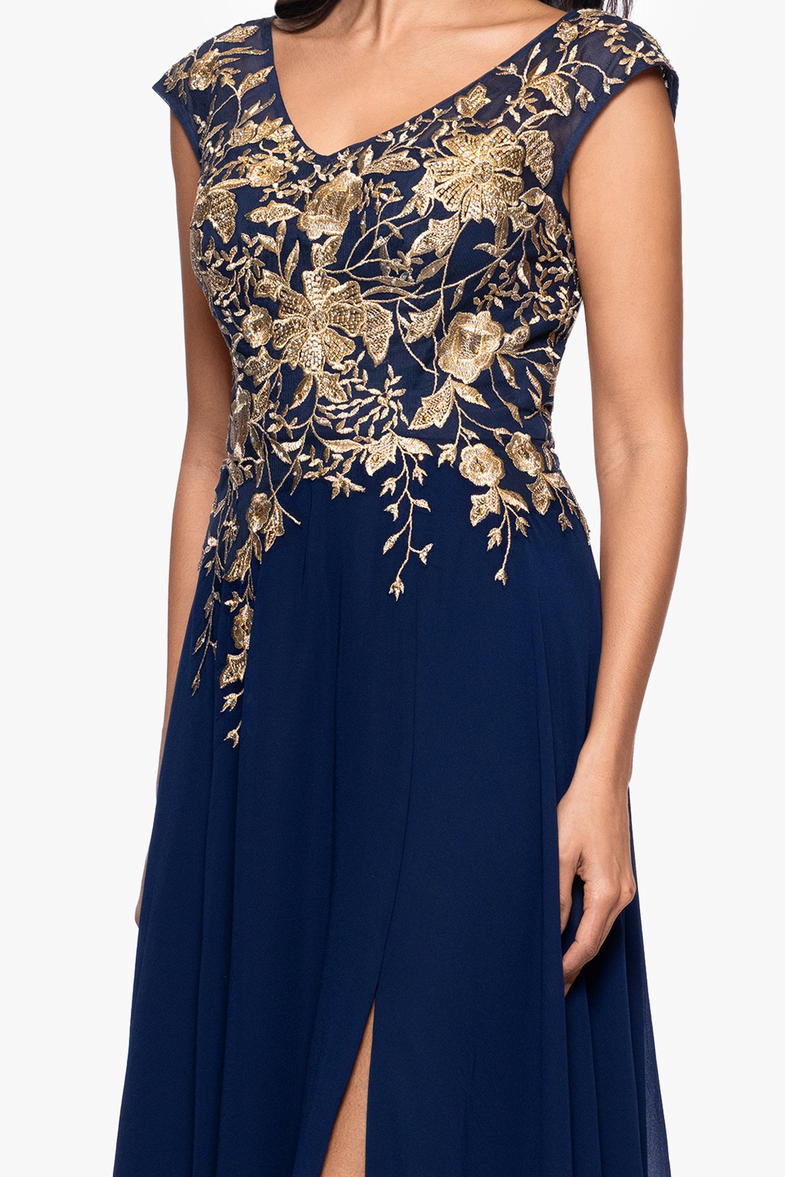 "Maeve" Chiffon Embroidered Bodice Floor Length Dress
