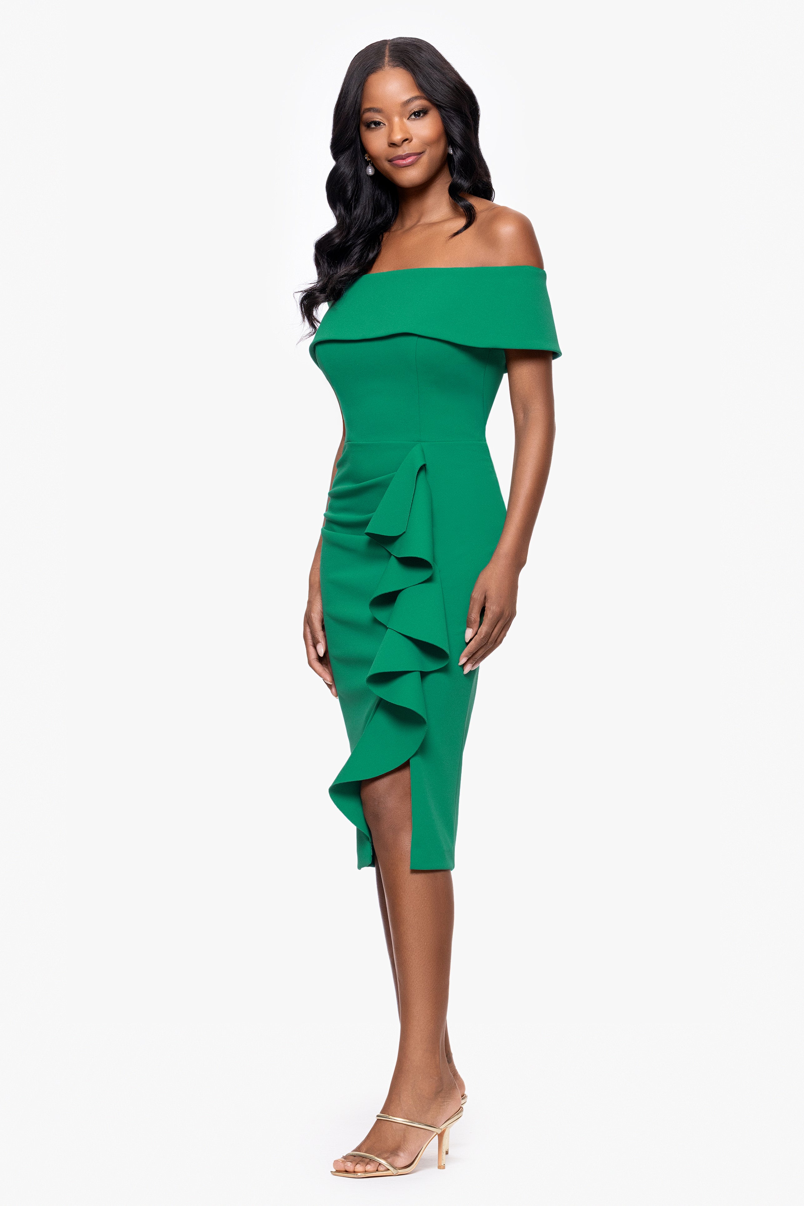 Petite "Kourtney" Scuba Crepe Off the Shoulder Ruffle Midi Dress