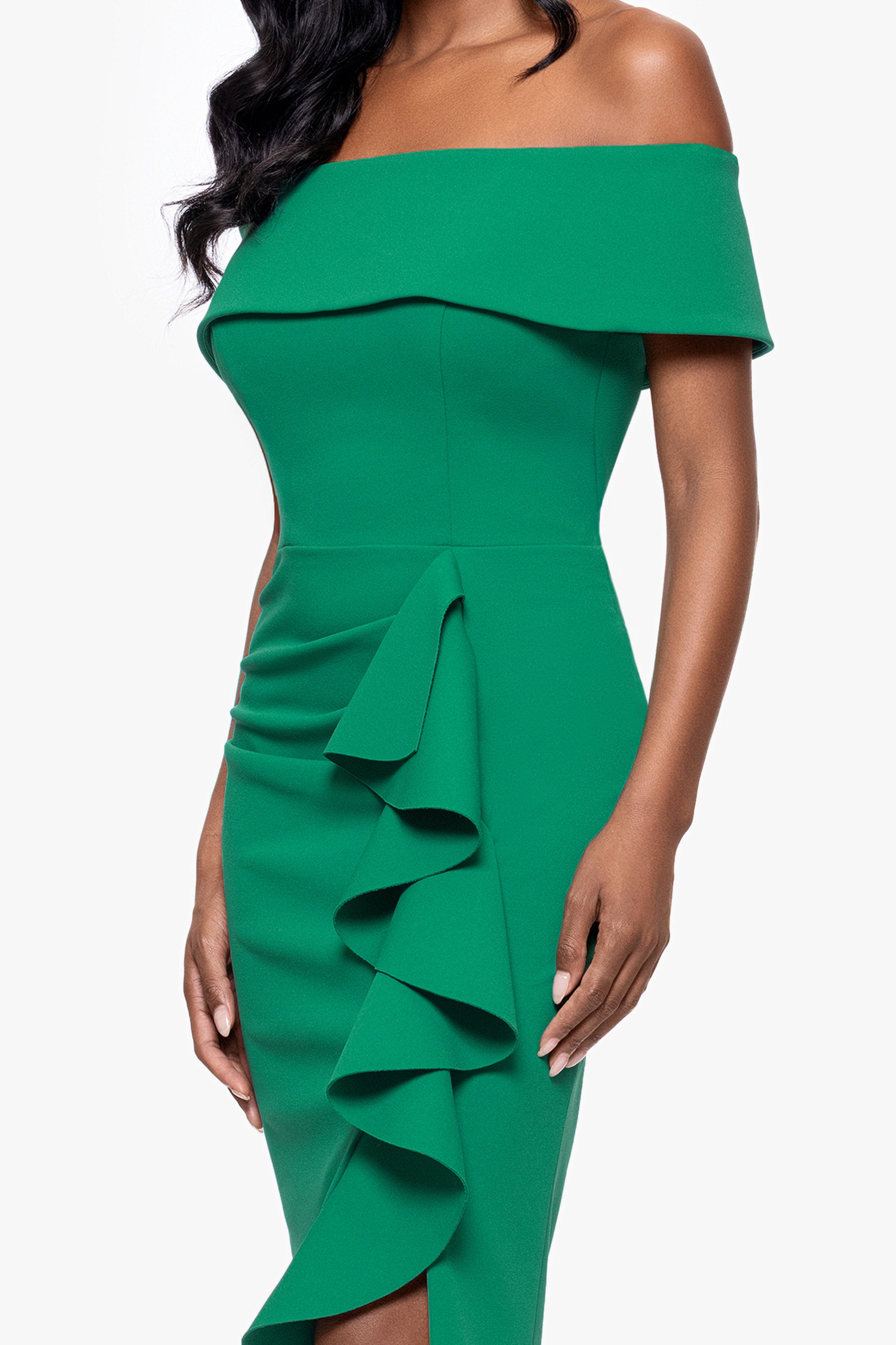 Petite "Kourtney" Scuba Crepe Off the Shoulder Ruffle Midi Dress