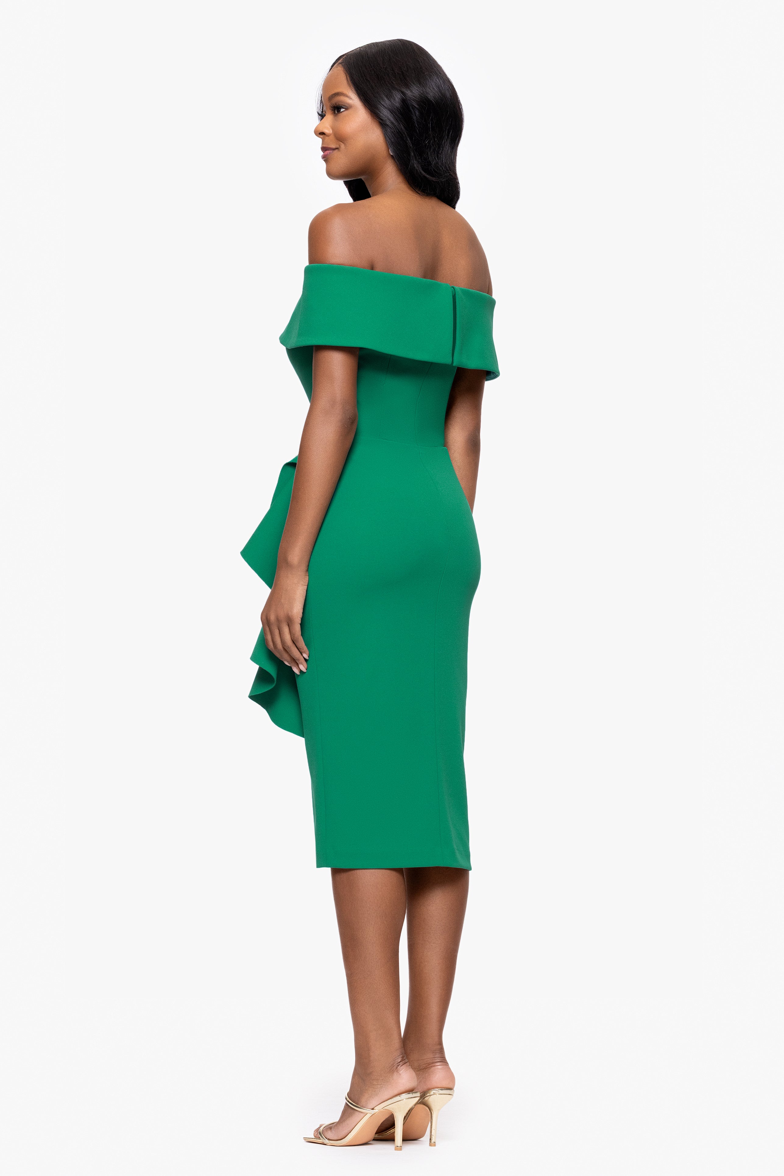 Petite "Kourtney" Scuba Crepe Off the Shoulder Ruffle Midi Dress