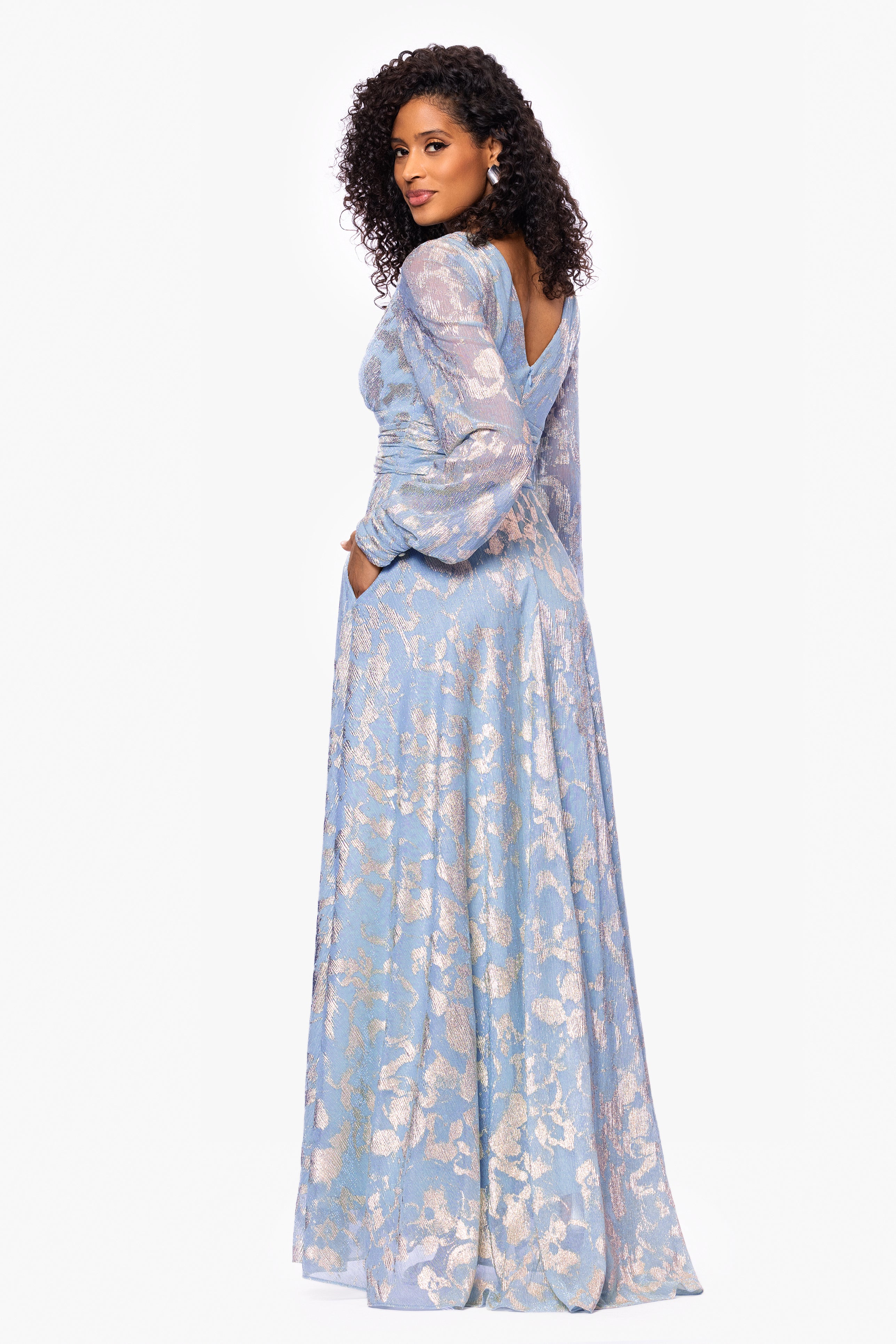 "Melanie" Foil Knit V-Neck Long Sleeve Floor Length Dress