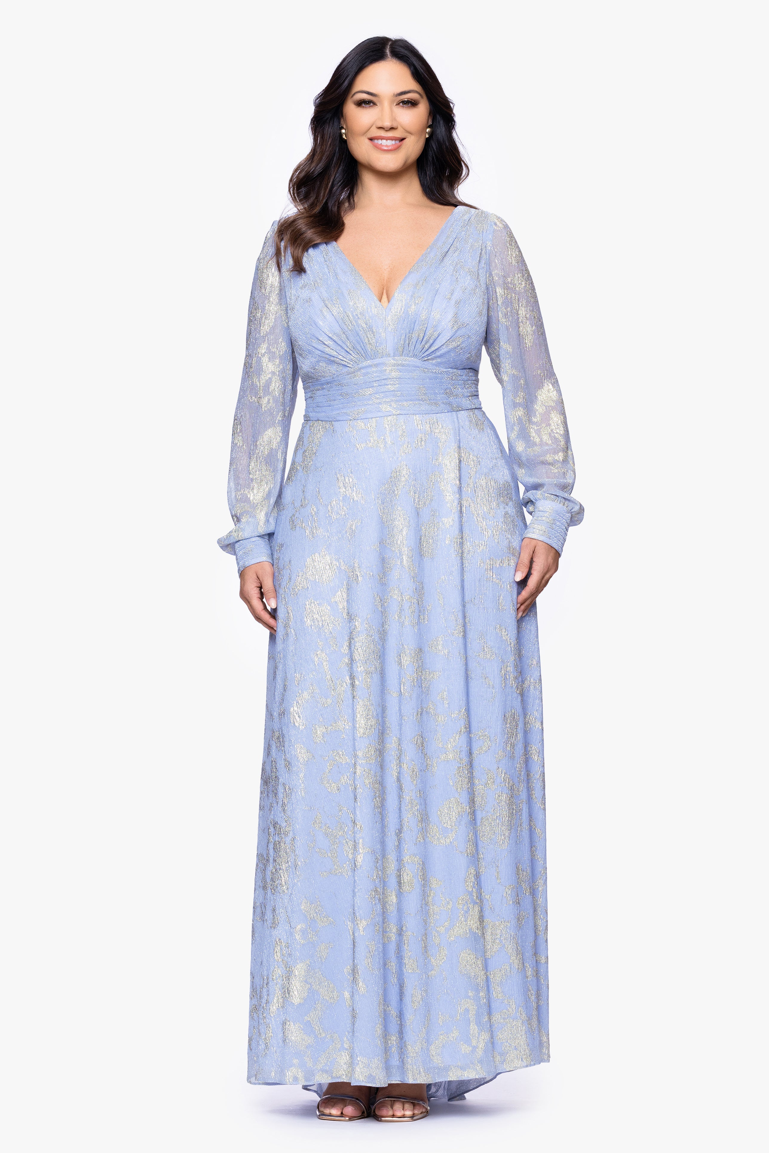 Plus "Melanie" Foil Knit V-Neck Long Sleeve Floor Length Dress