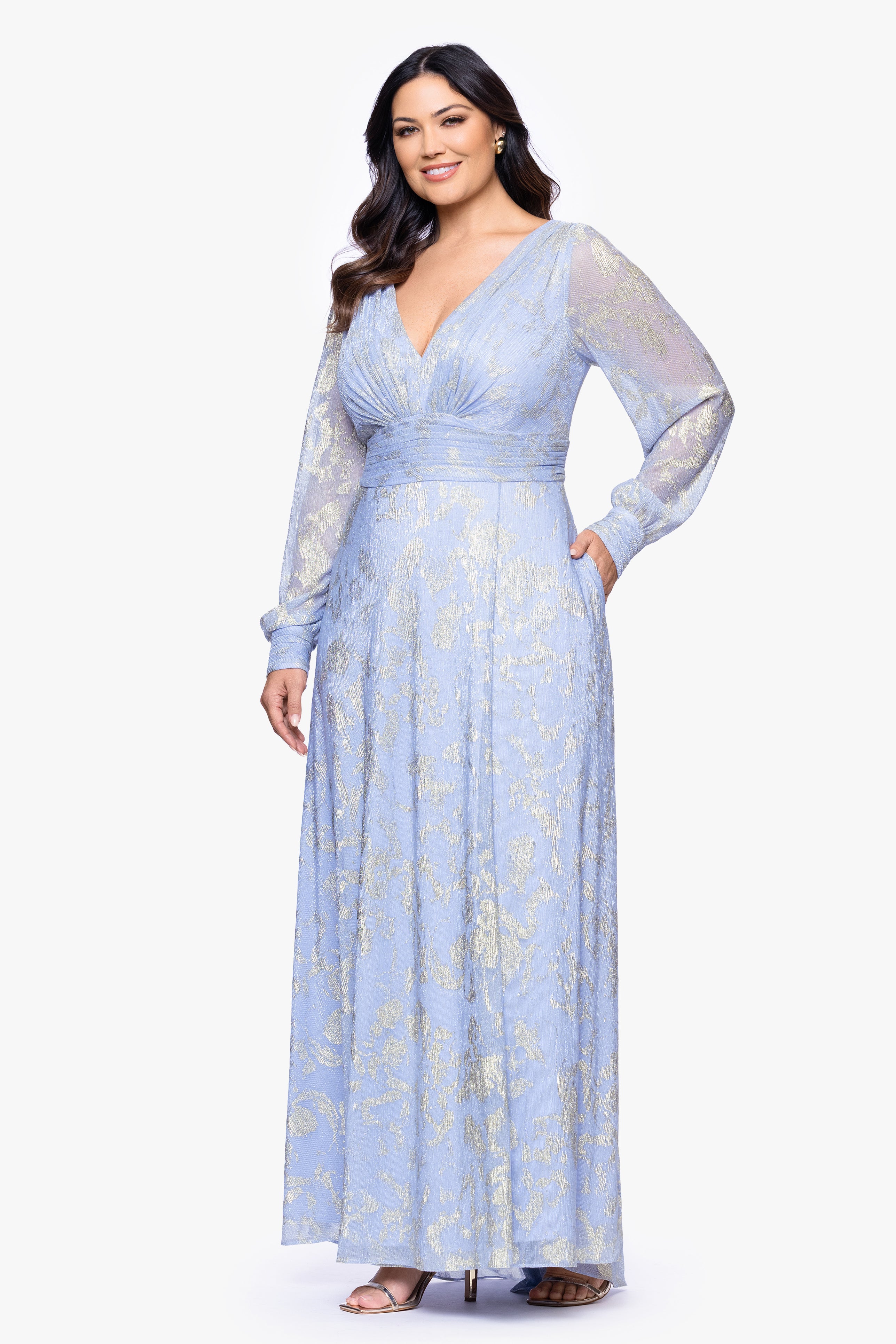 Plus "Melanie" Foil Knit V-Neck Long Sleeve Floor Length Dress