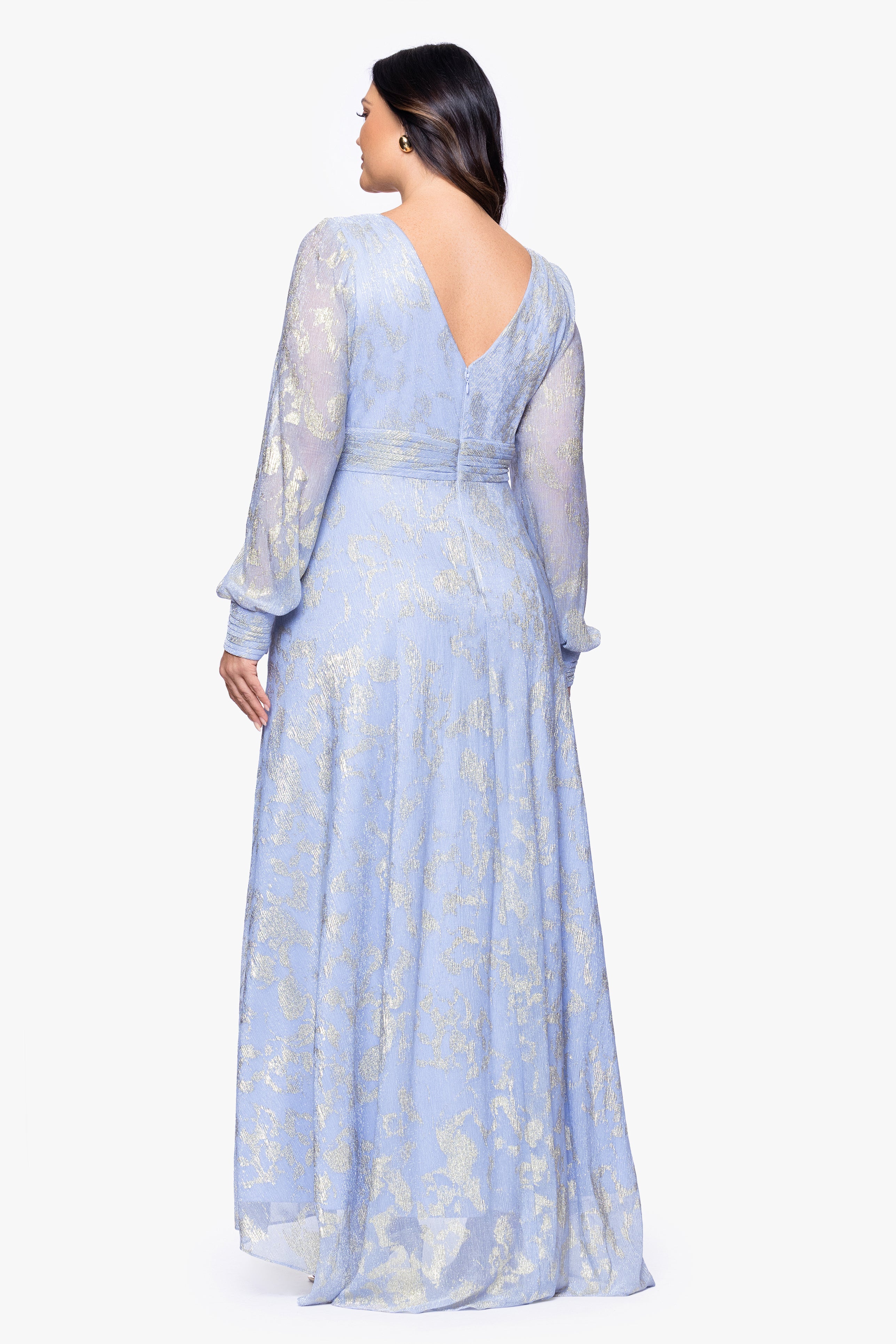 Plus "Melanie" Foil Knit V-Neck Long Sleeve Floor Length Dress