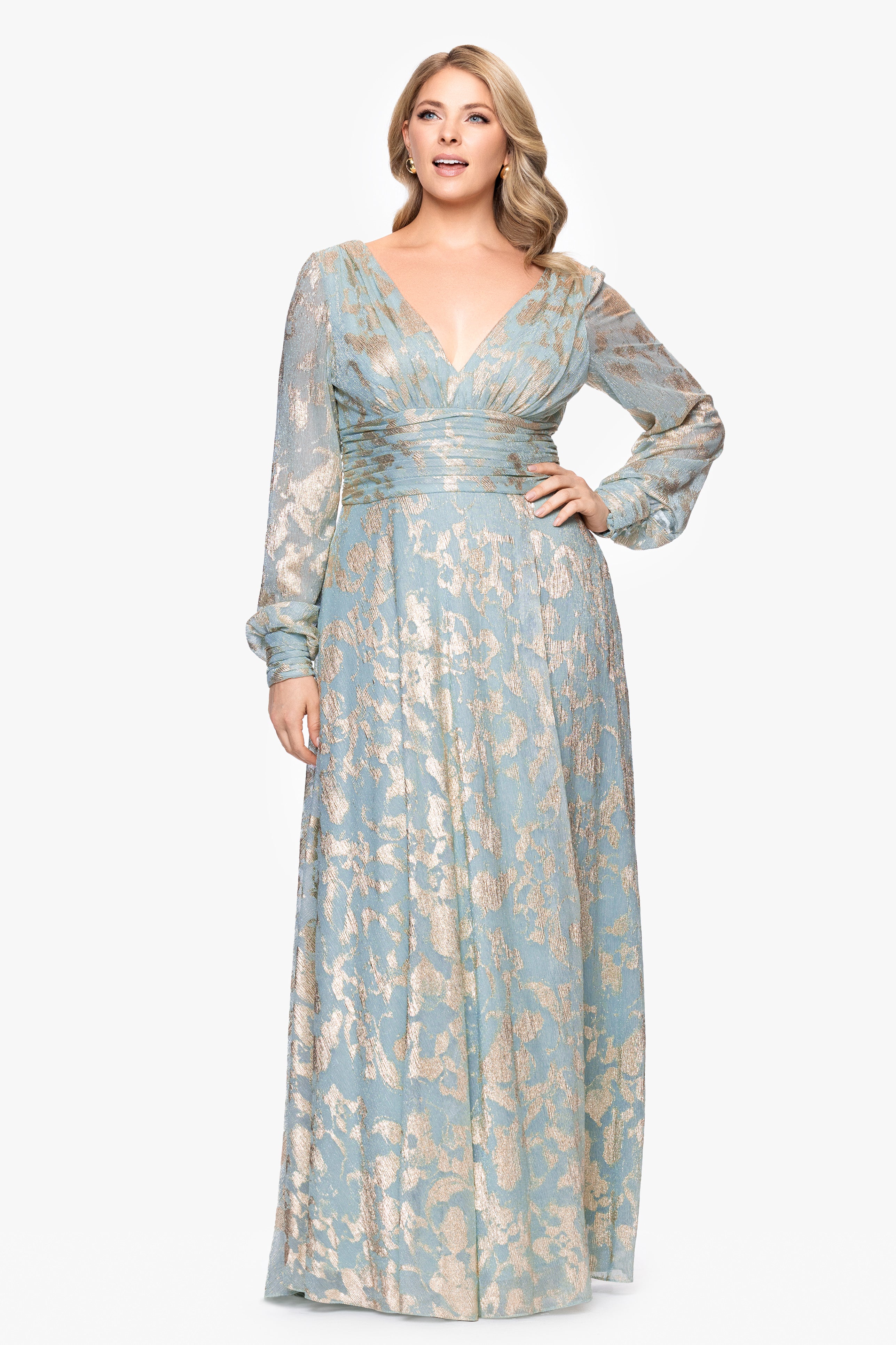 Plus "Melanie" Foil Knit V-Neck Long Sleeve Floor Length Dress