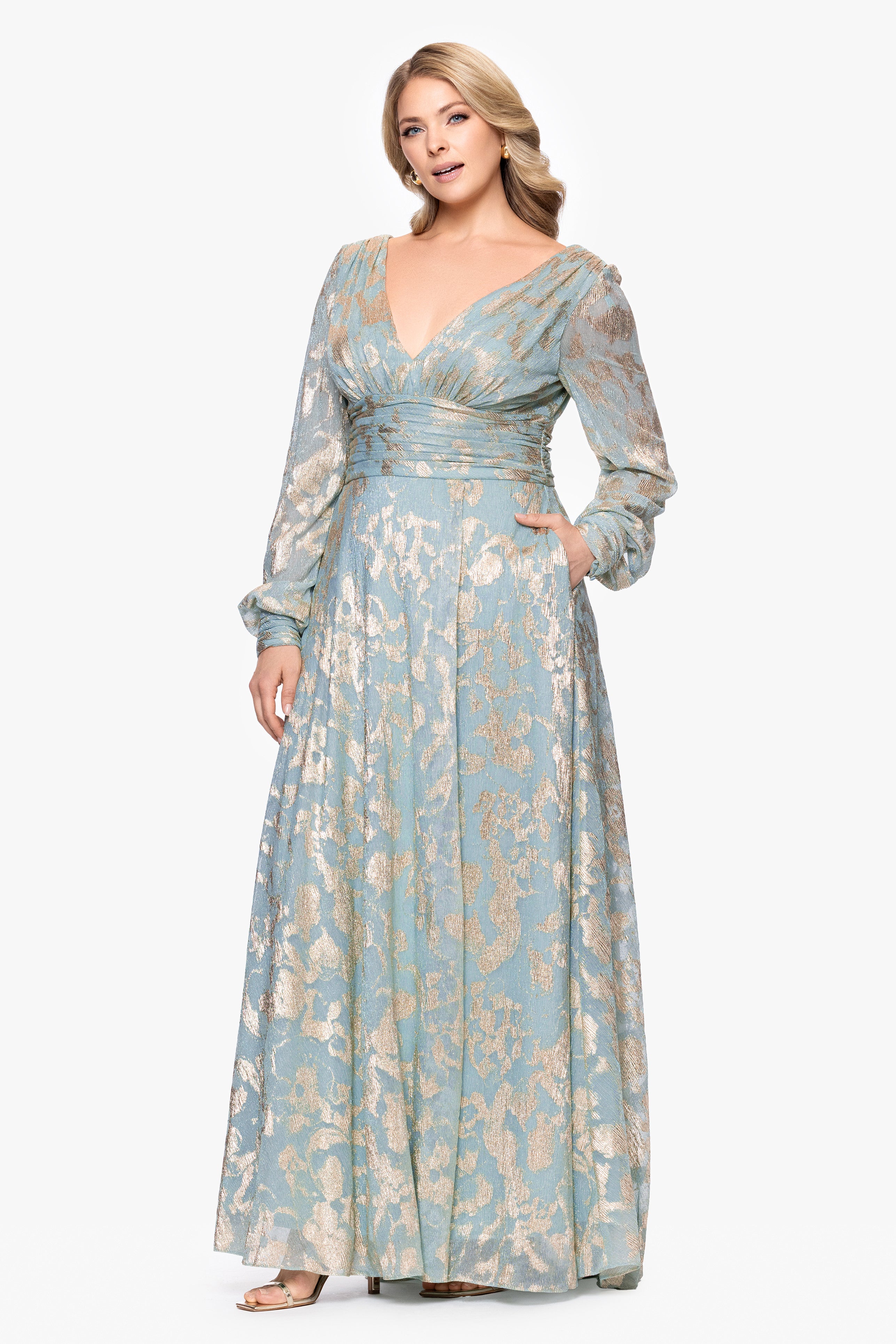 Plus "Melanie" Foil Knit V-Neck Long Sleeve Floor Length Dress