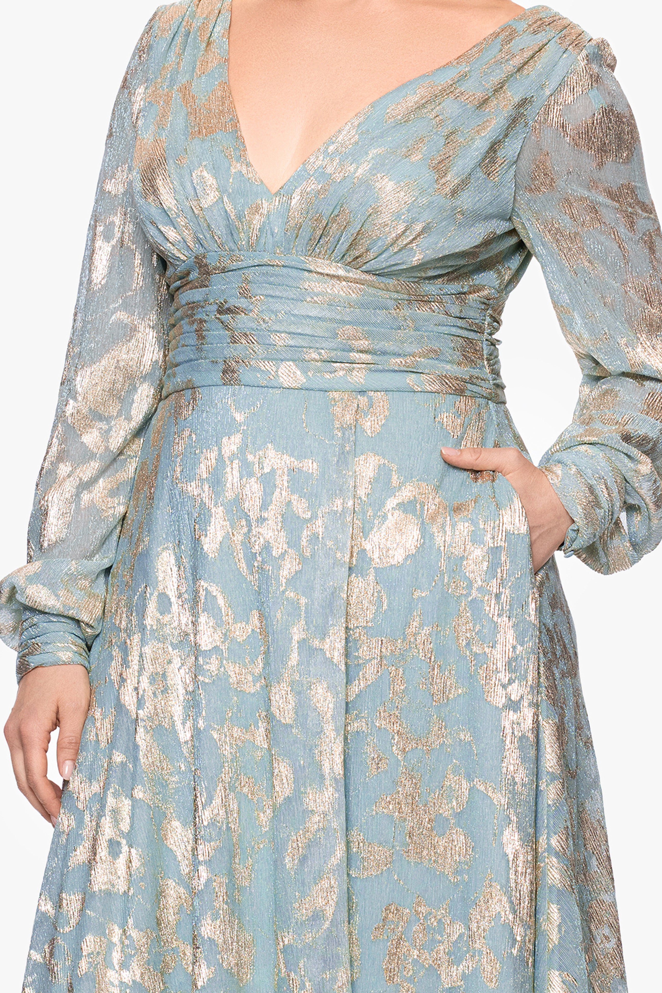 Plus "Melanie" Foil Knit V-Neck Long Sleeve Floor Length Dress