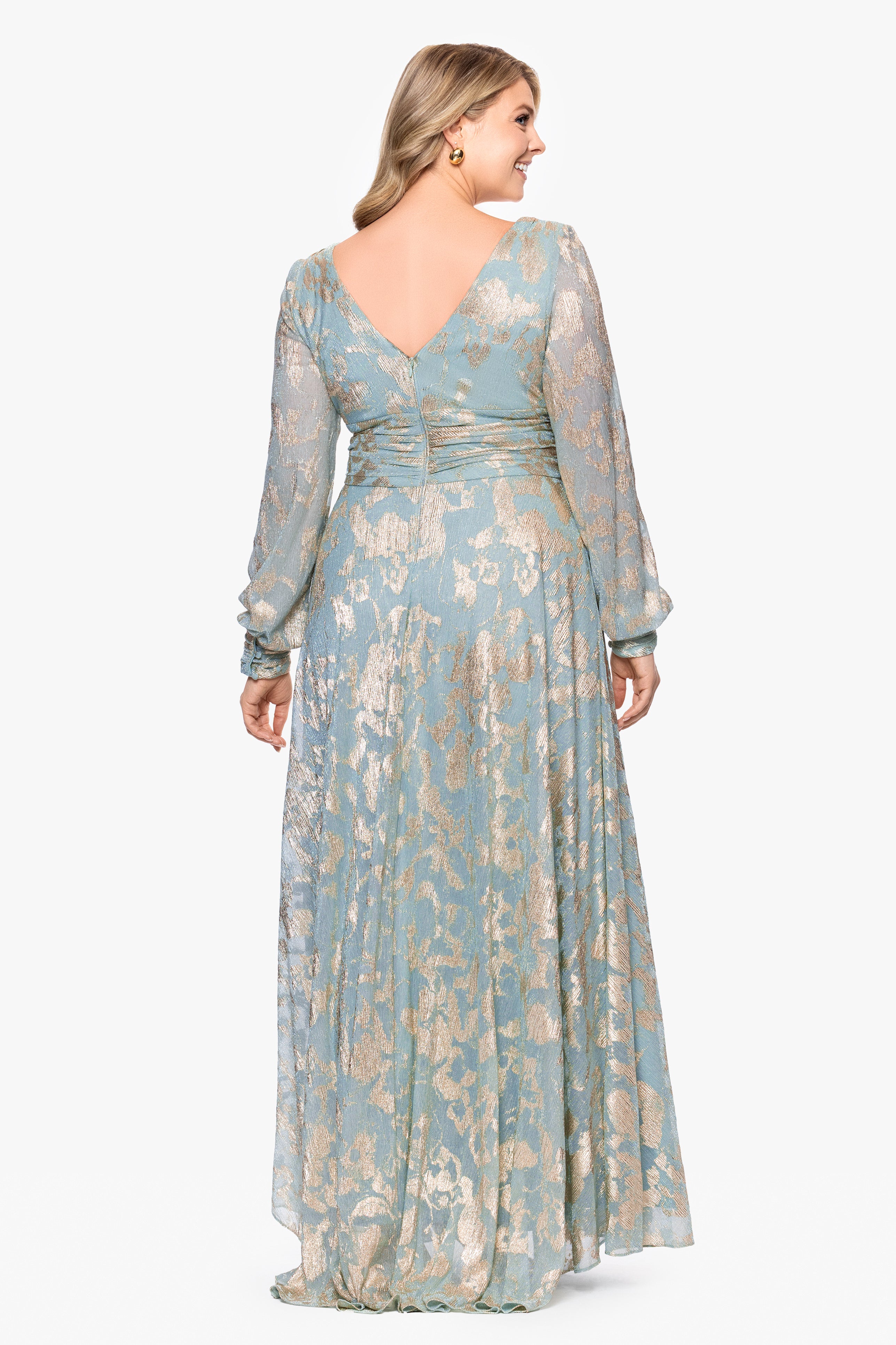 Plus "Melanie" Foil Knit V-Neck Long Sleeve Floor Length Dress