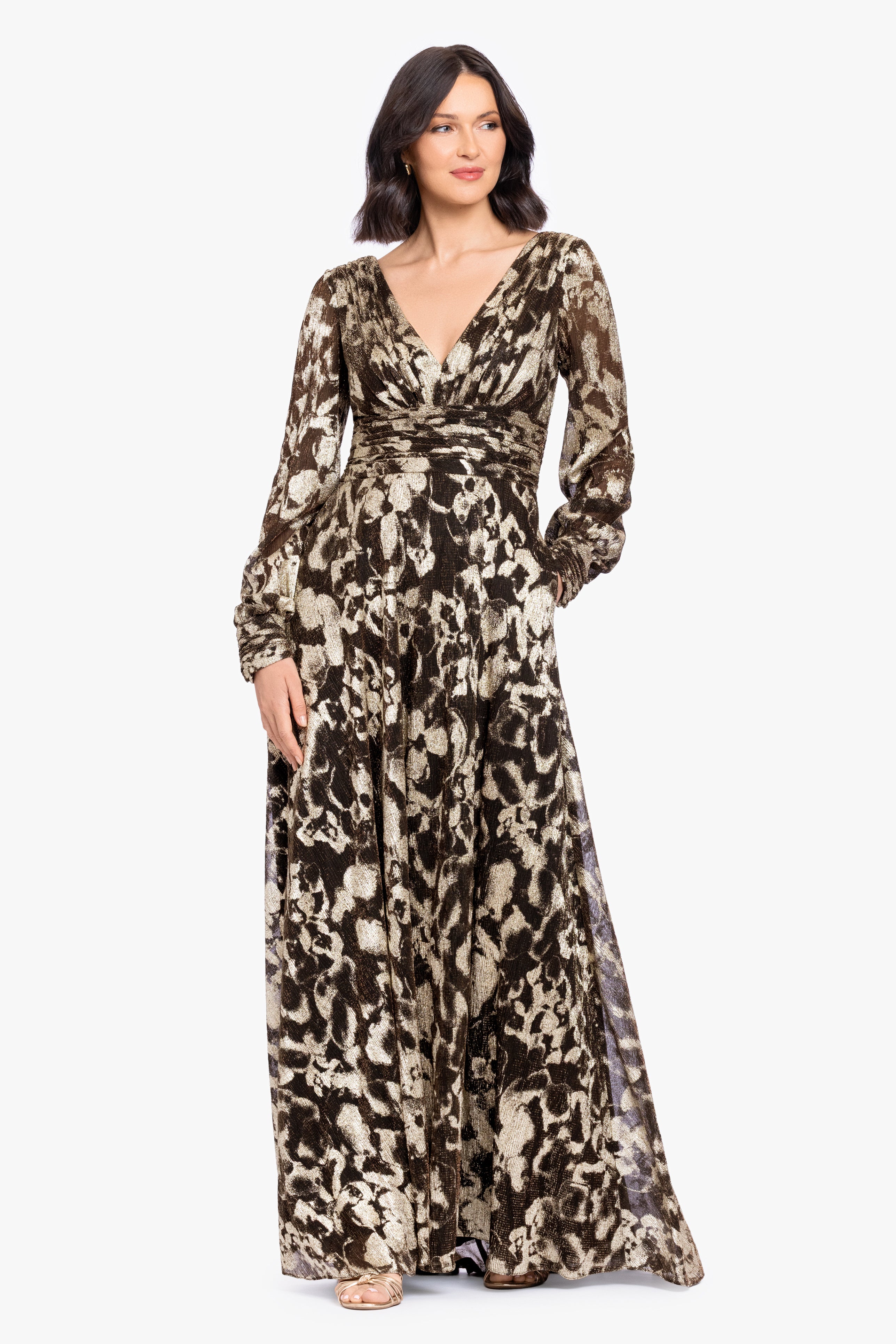 "Melanie" Metallic Knit V-Neck Long Sleeve Dress