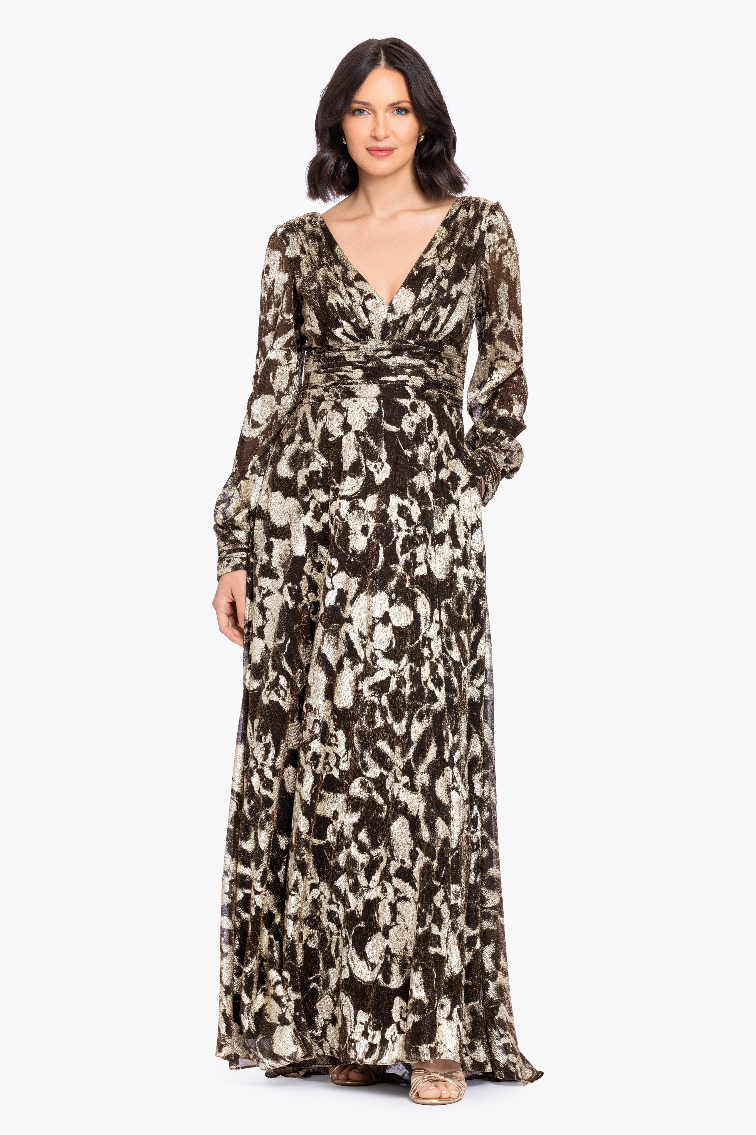 "Melanie" Metallic Knit V-Neck Long Sleeve Dress