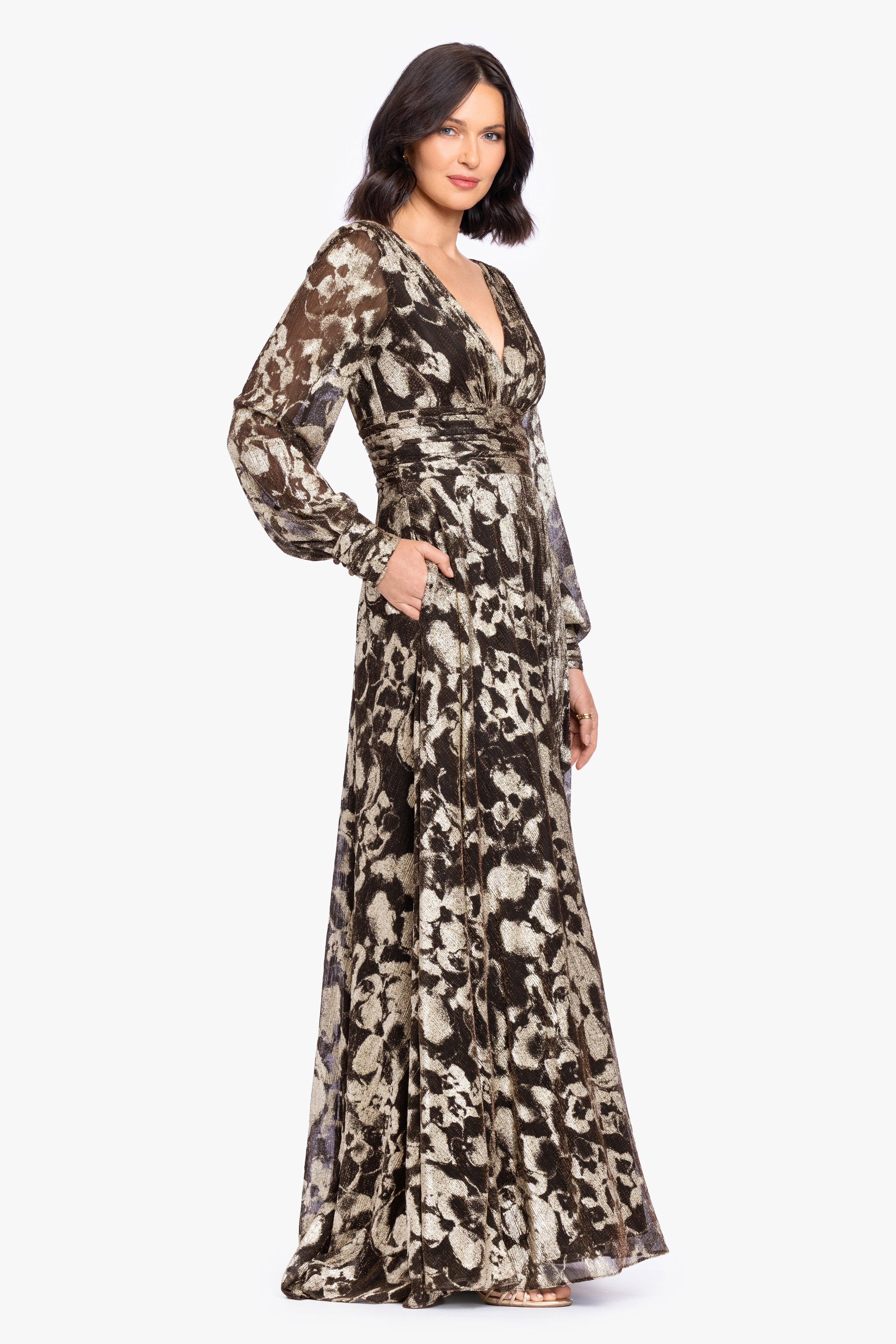 "Melanie" Metallic Knit V-Neck Long Sleeve Dress