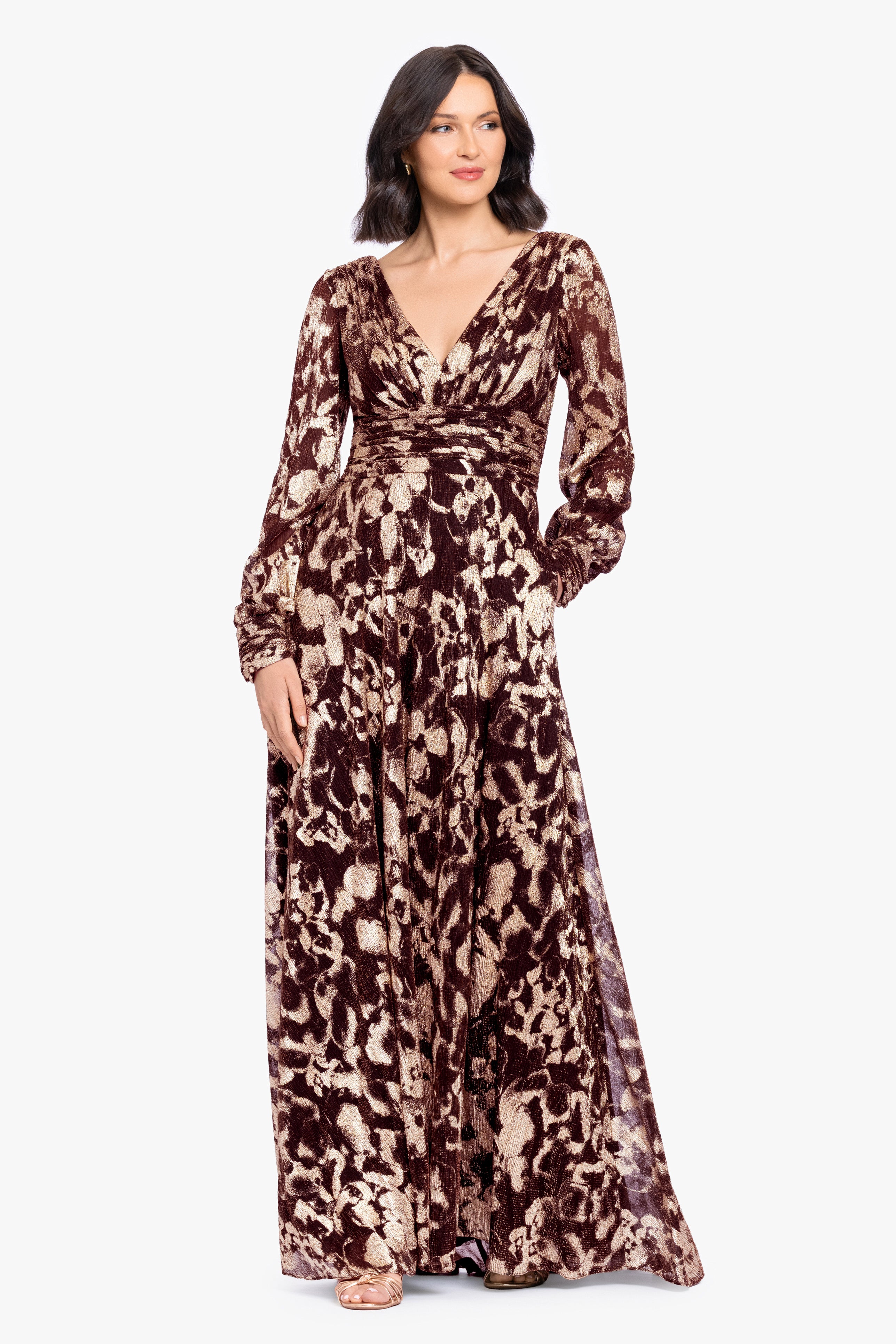 "Melanie" Metallic Knit V-Neck Long Sleeve Dress
