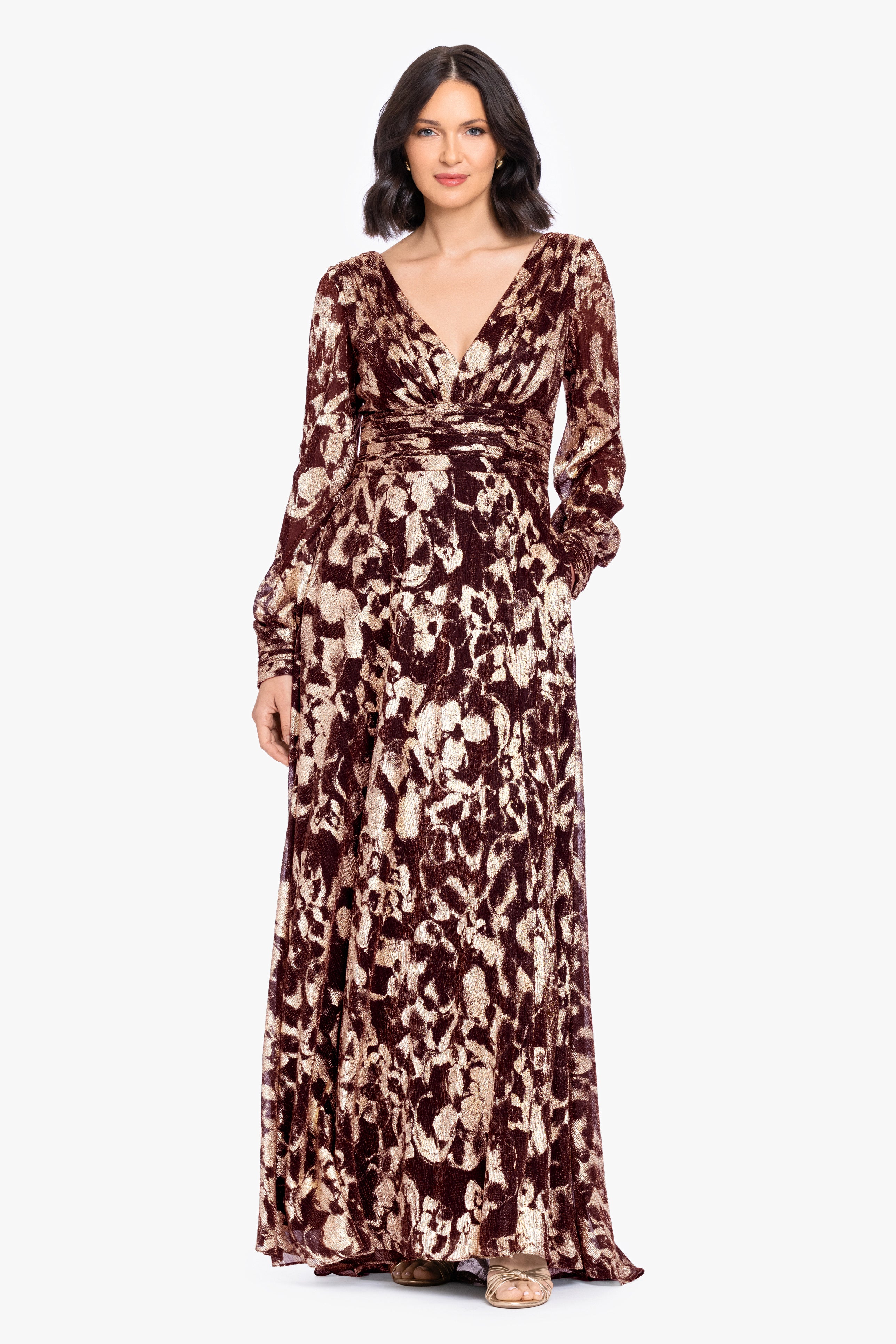 Petite "Melanie" Metallic Knit V-Neck Long Sleeve Dress