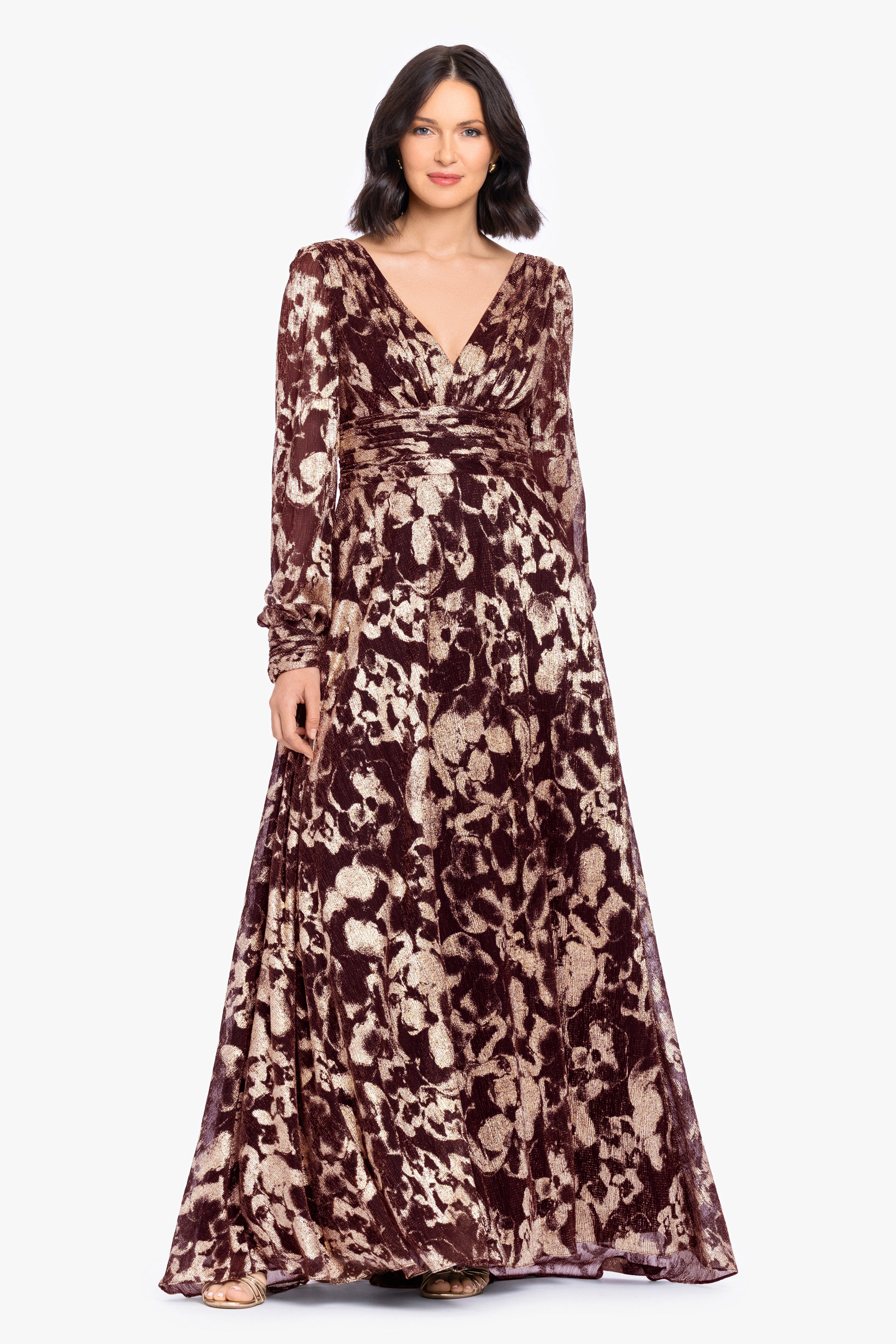 "Melanie" Metallic Knit V-Neck Long Sleeve Dress