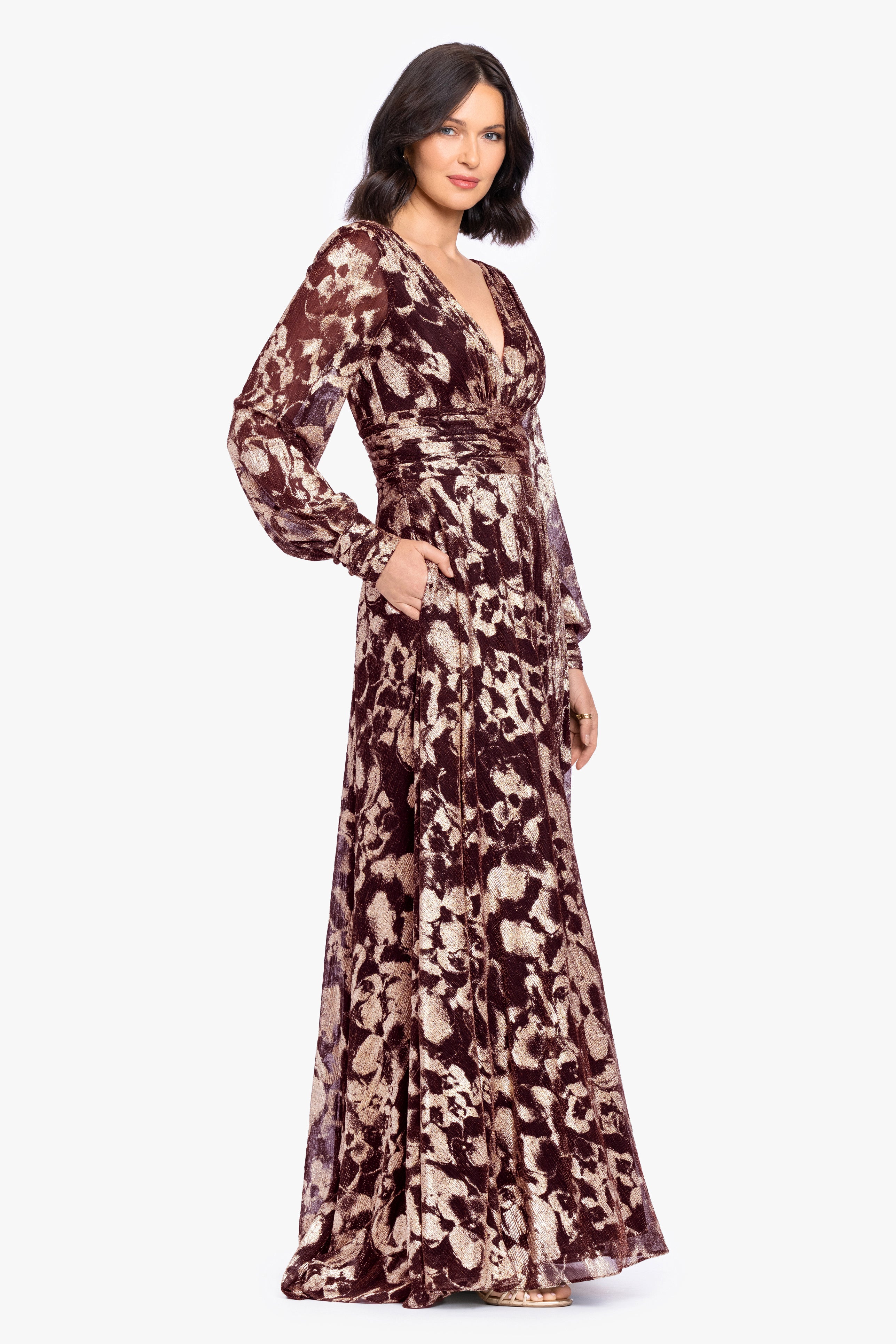 Petite "Melanie" Metallic Knit V-Neck Long Sleeve Dress