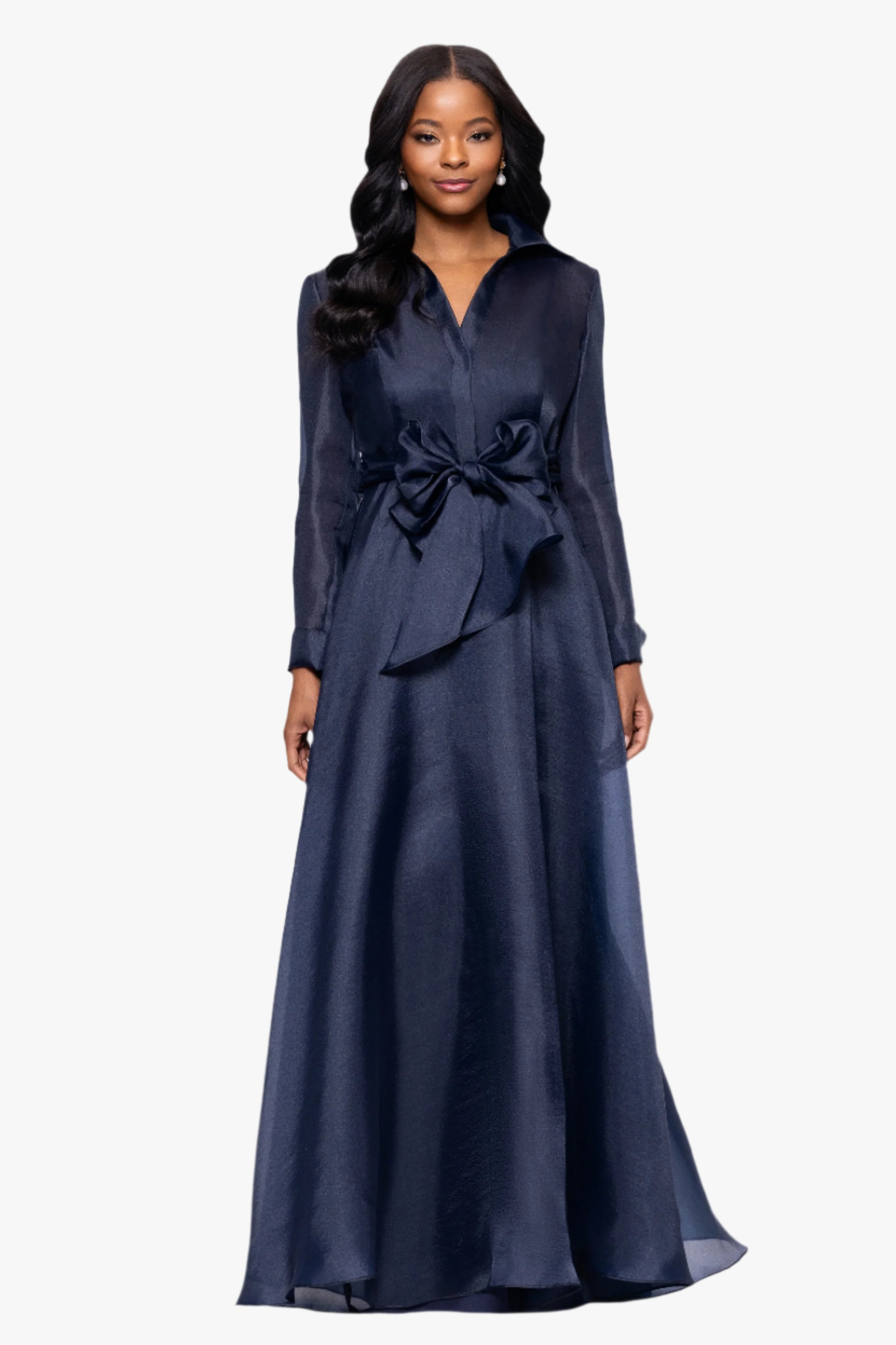 "Athena" Organza Long Sleeve Collared Floor Length Dress