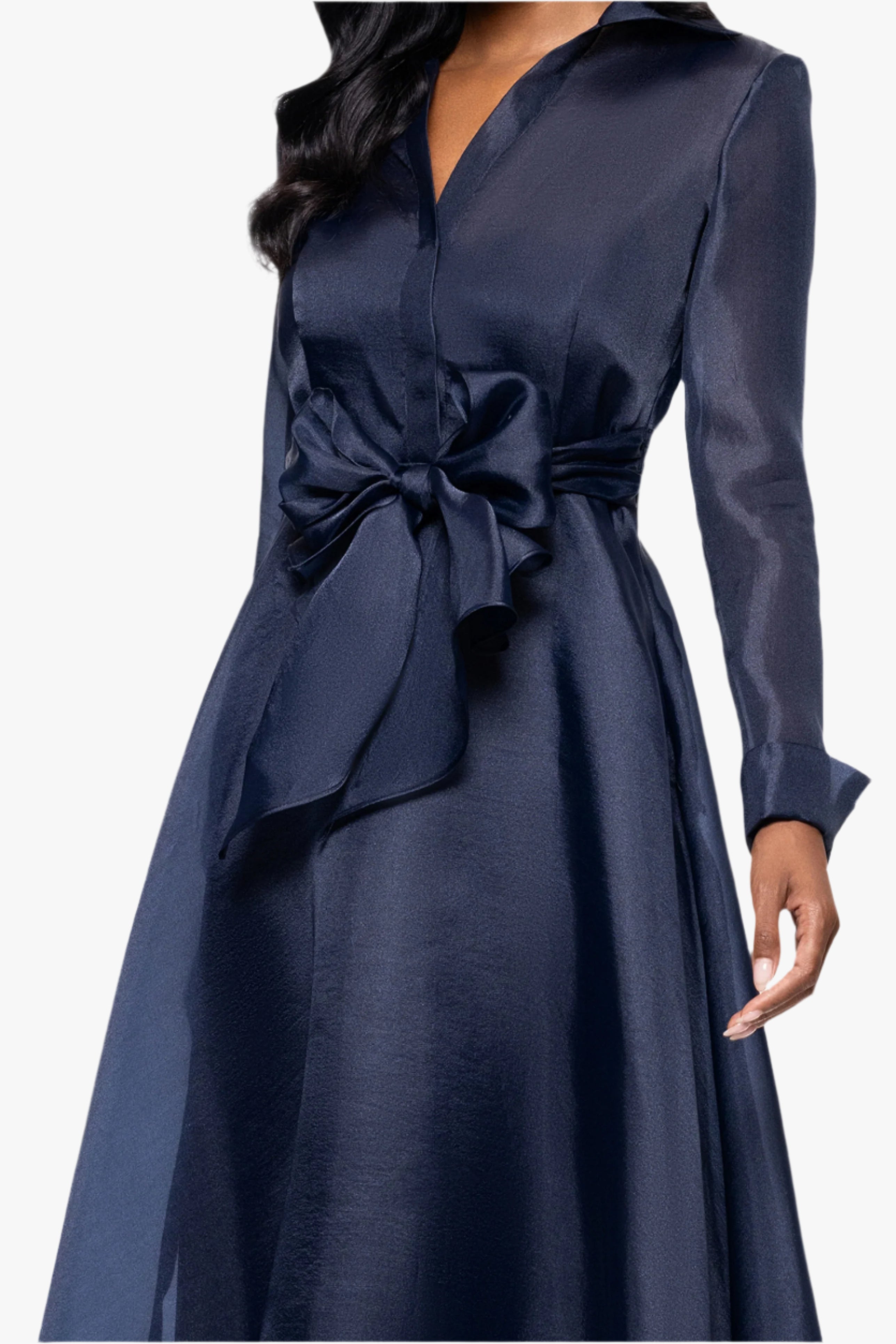 "Athena" Organza Long Sleeve Collared Floor Length Dress