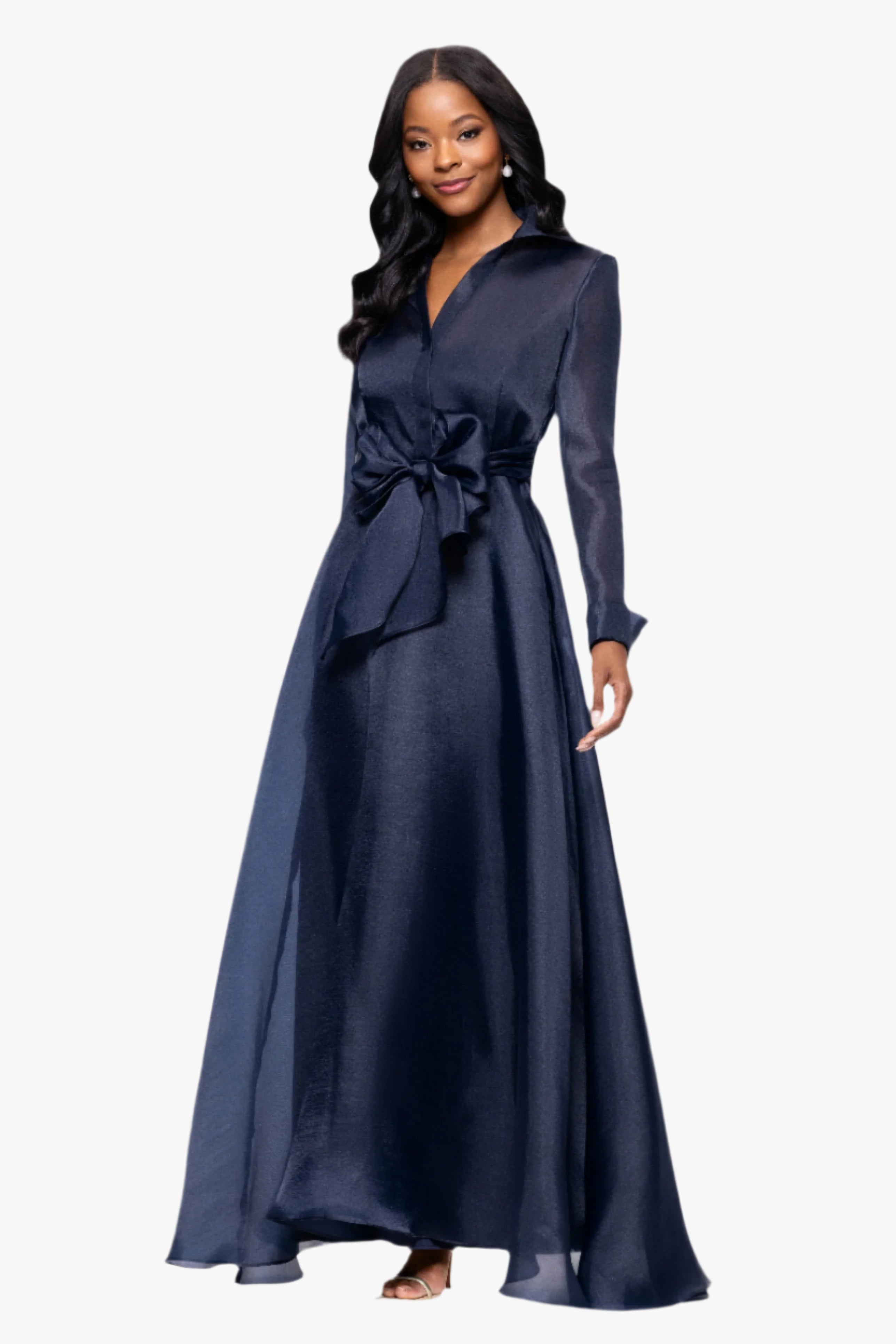 "Athena" Organza Long Sleeve Collared Floor Length Dress