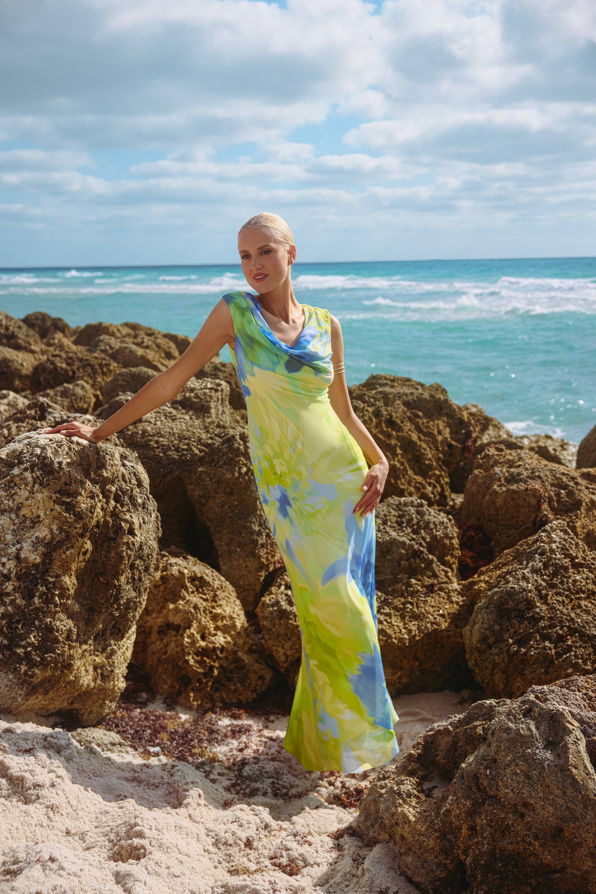 "Isabel" Print Chiffon Cowl Neck Floor Length Dress