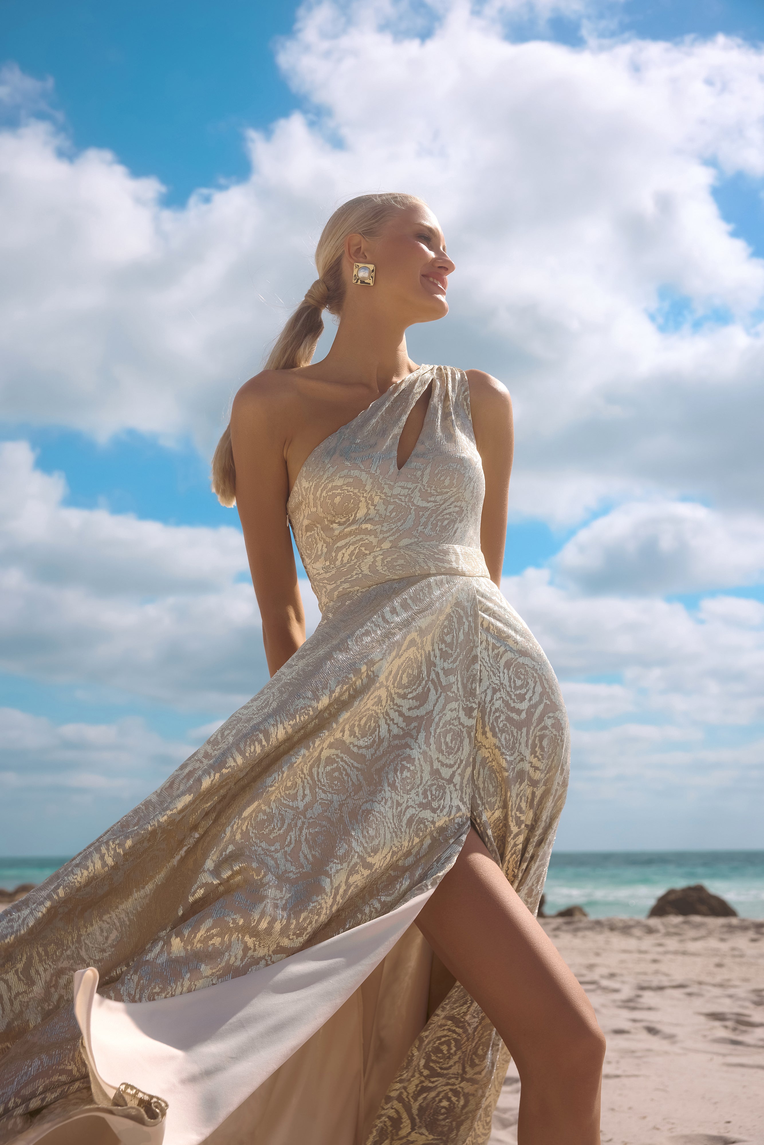 Petite "Mariah" Metallic Foil Knit One Shoulder Floor Length Dress