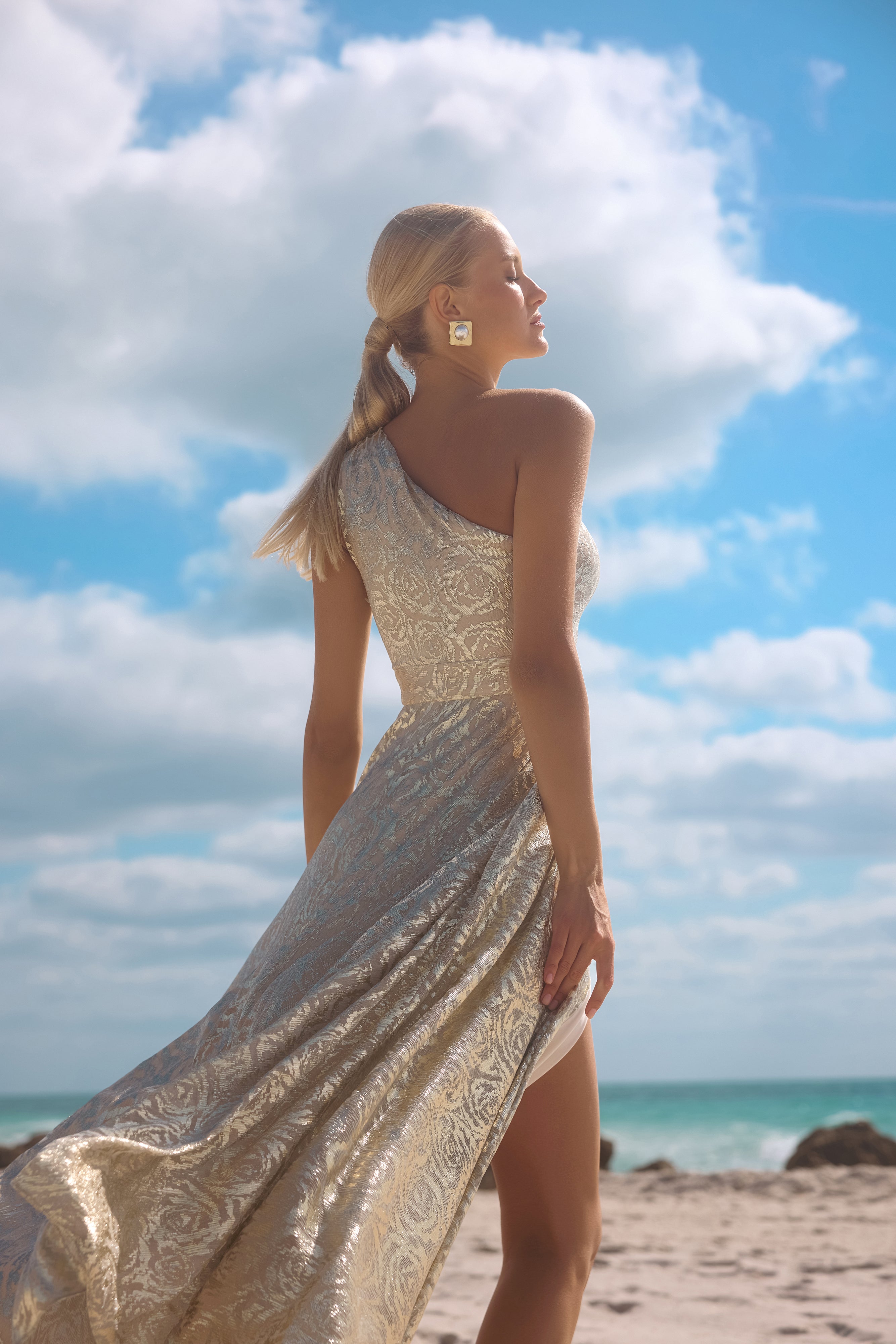 Petite "Mariah" Metallic Foil Knit One Shoulder Floor Length Dress