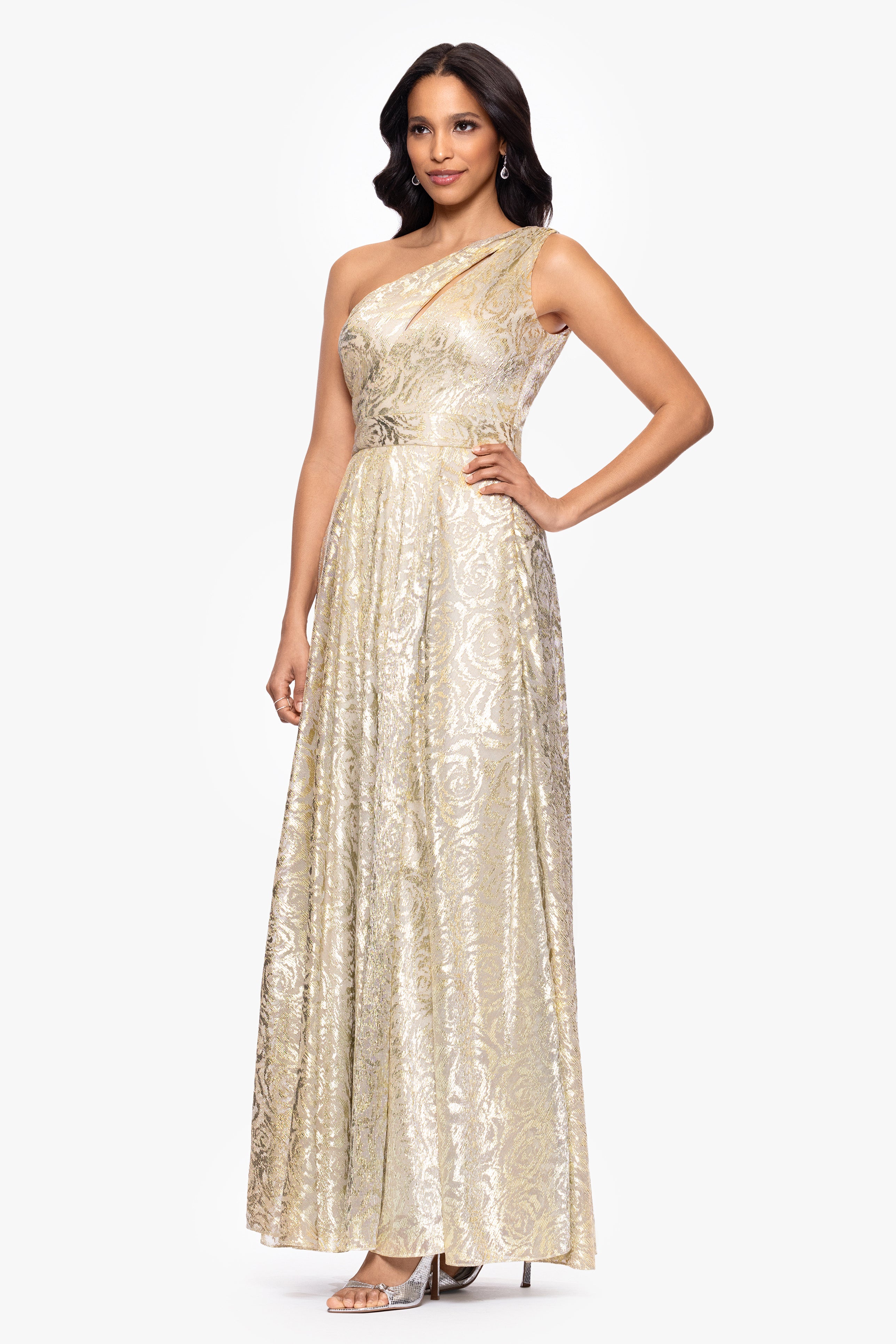 Petite "Mariah" Metallic Foil Knit One Shoulder Floor Length Dress