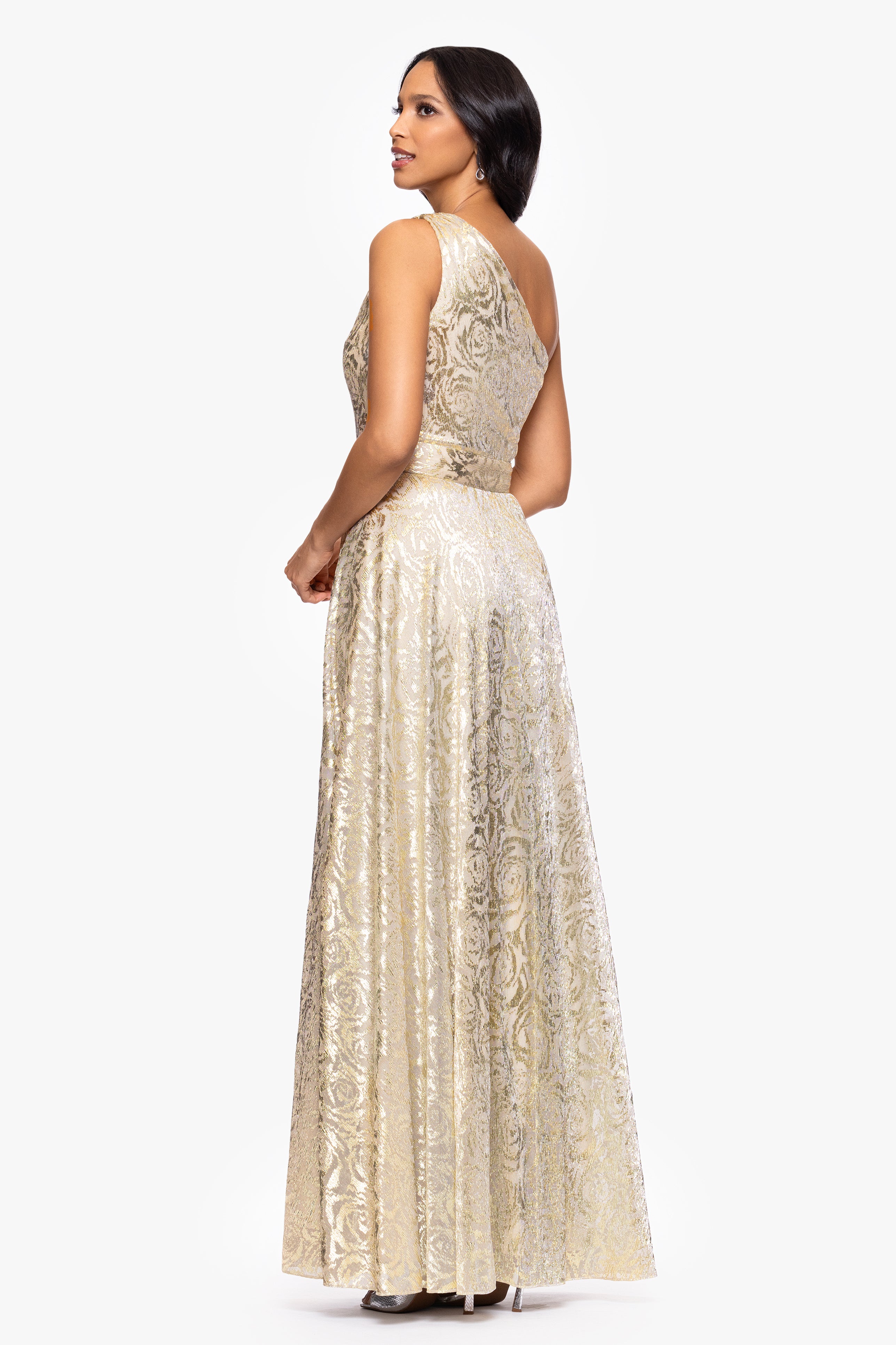 Petite "Mariah" Metallic Foil Knit One Shoulder Floor Length Dress