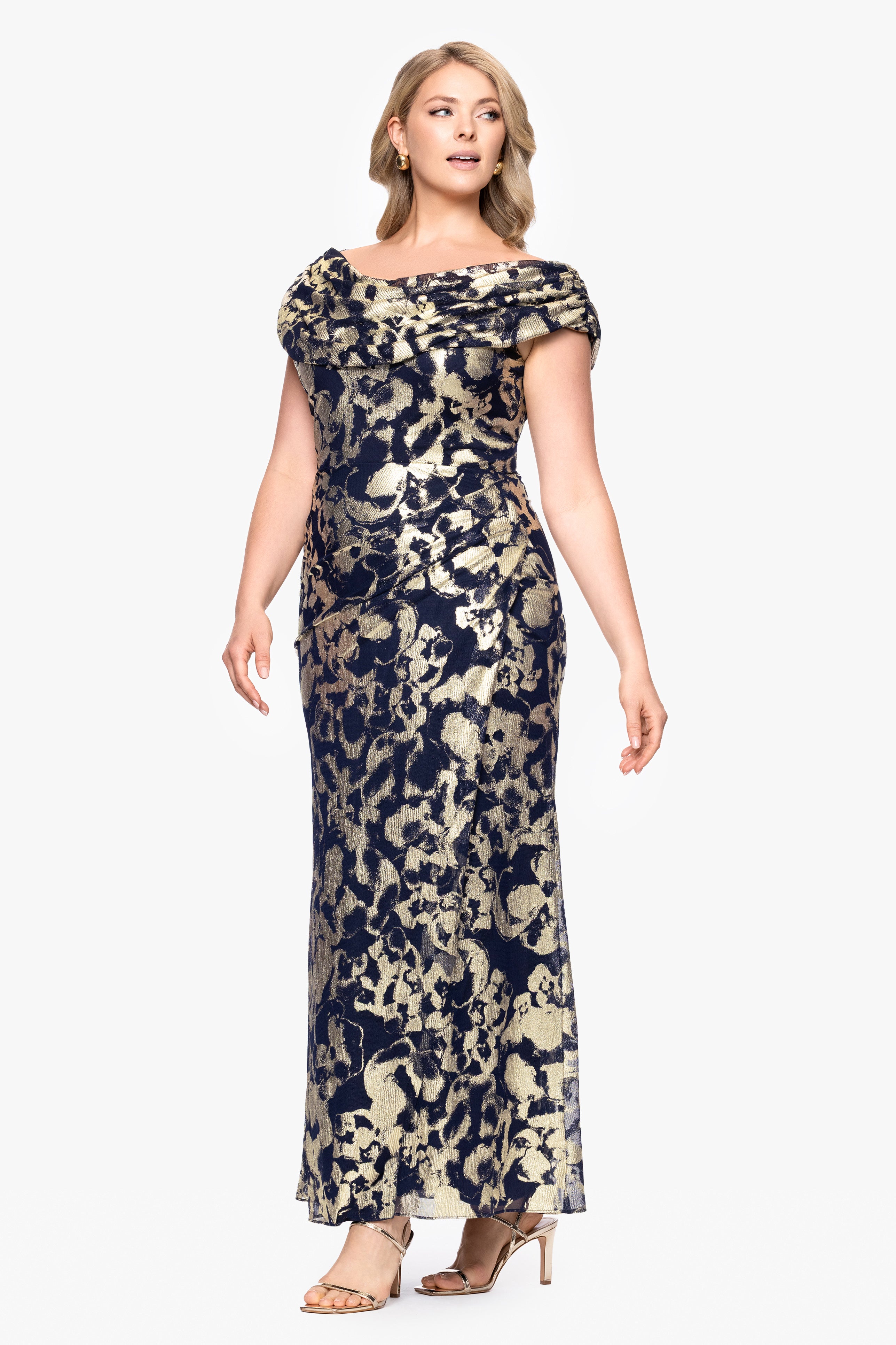 Plus "Bianca" Metallic Cowl Neck Floor Length Dress