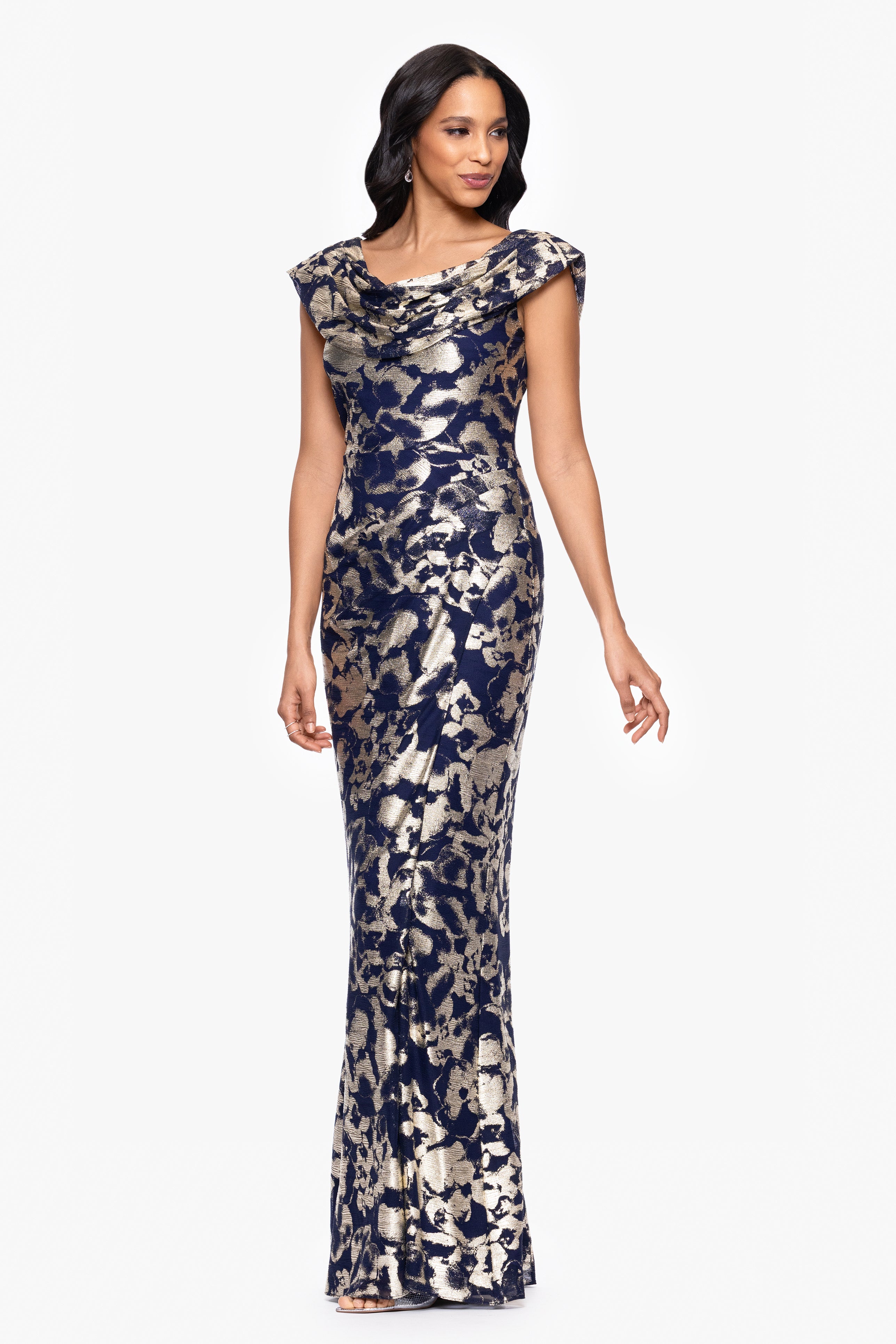 "Bianca" Metallic Cowl Neck Floor Length Dress