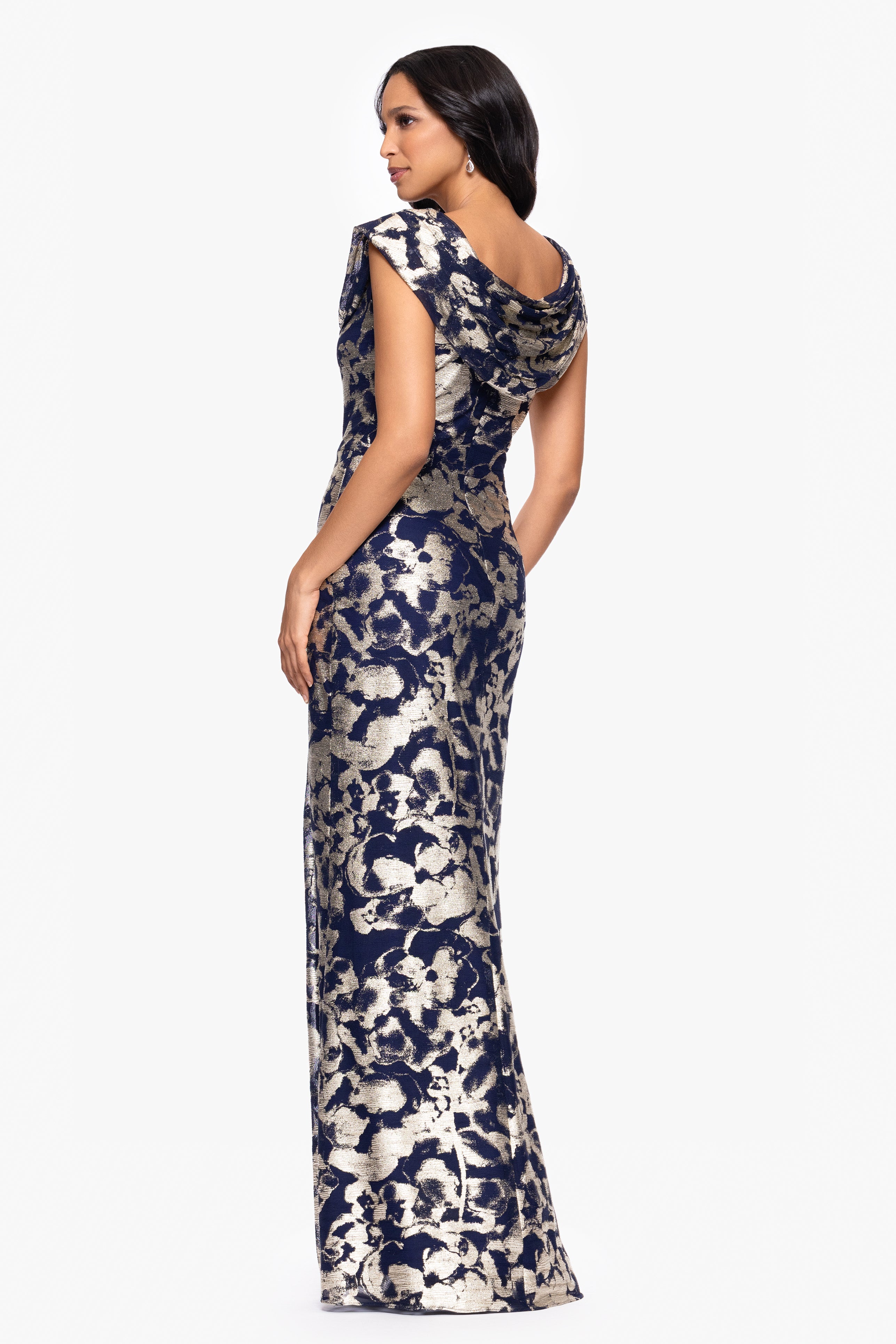 "Bianca" Metallic Cowl Neck Floor Length Dress