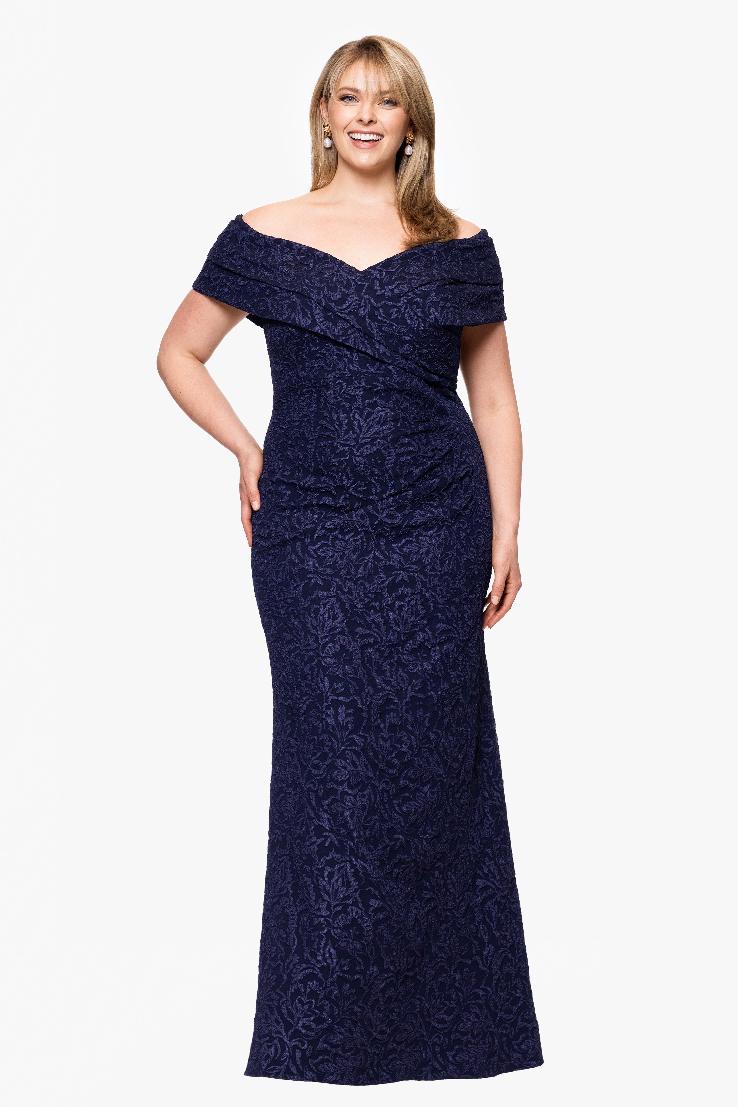 Plus "Dolly" Jacquard Off the Shoulder Floor Length Dress