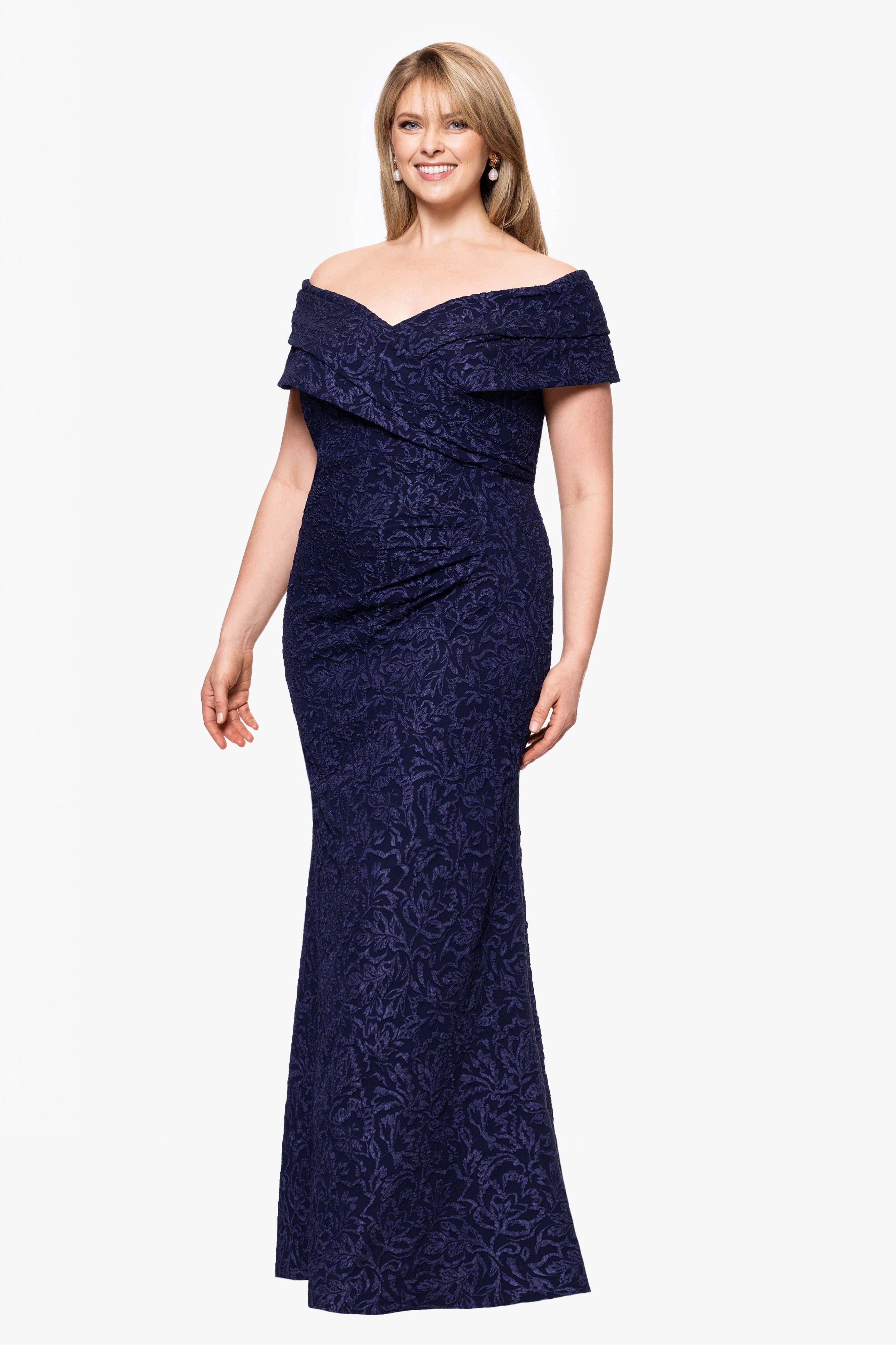 Plus "Dolly" Jacquard Off the Shoulder Floor Length Dress