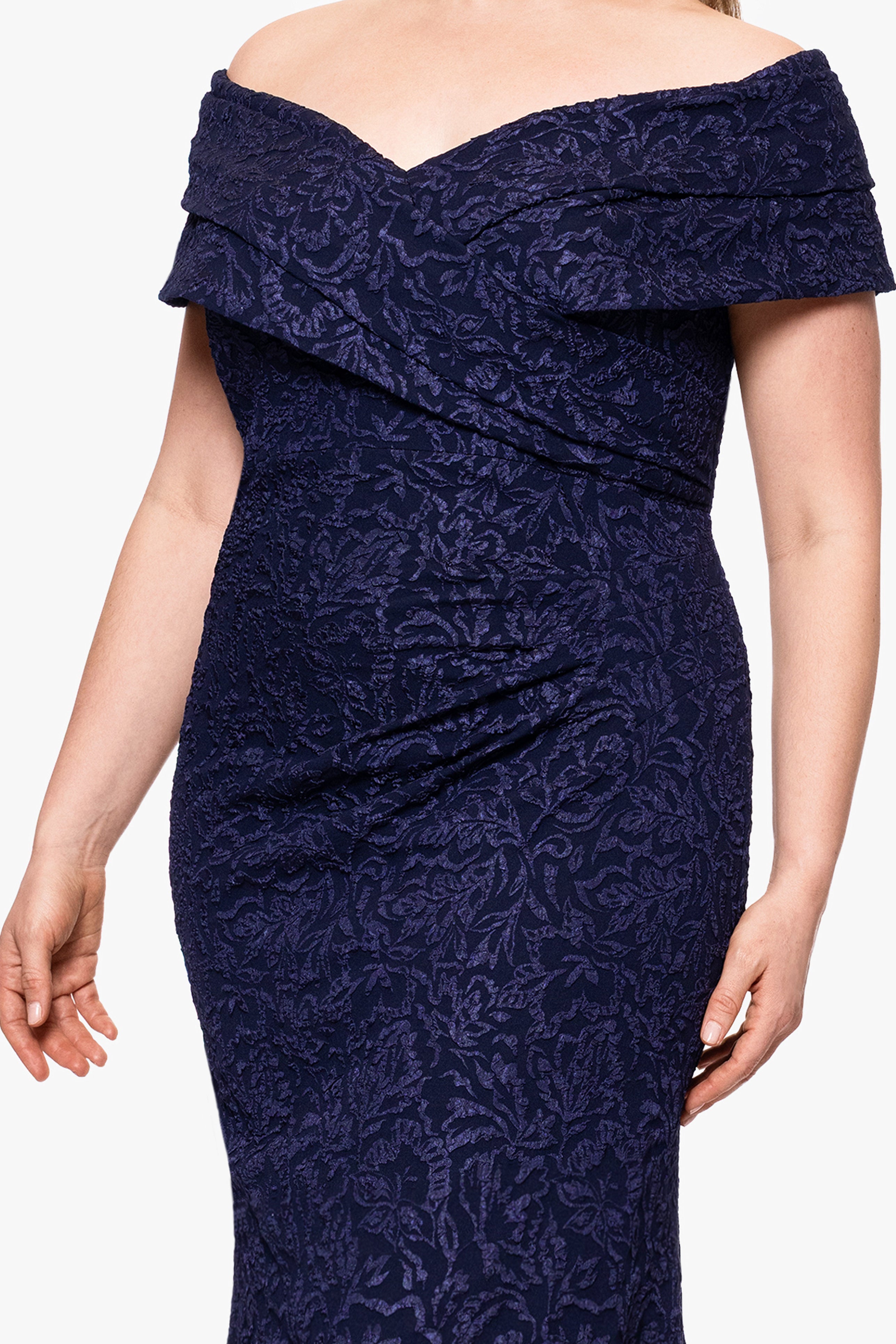 Plus "Dolly" Jacquard Off the Shoulder Floor Length Dress