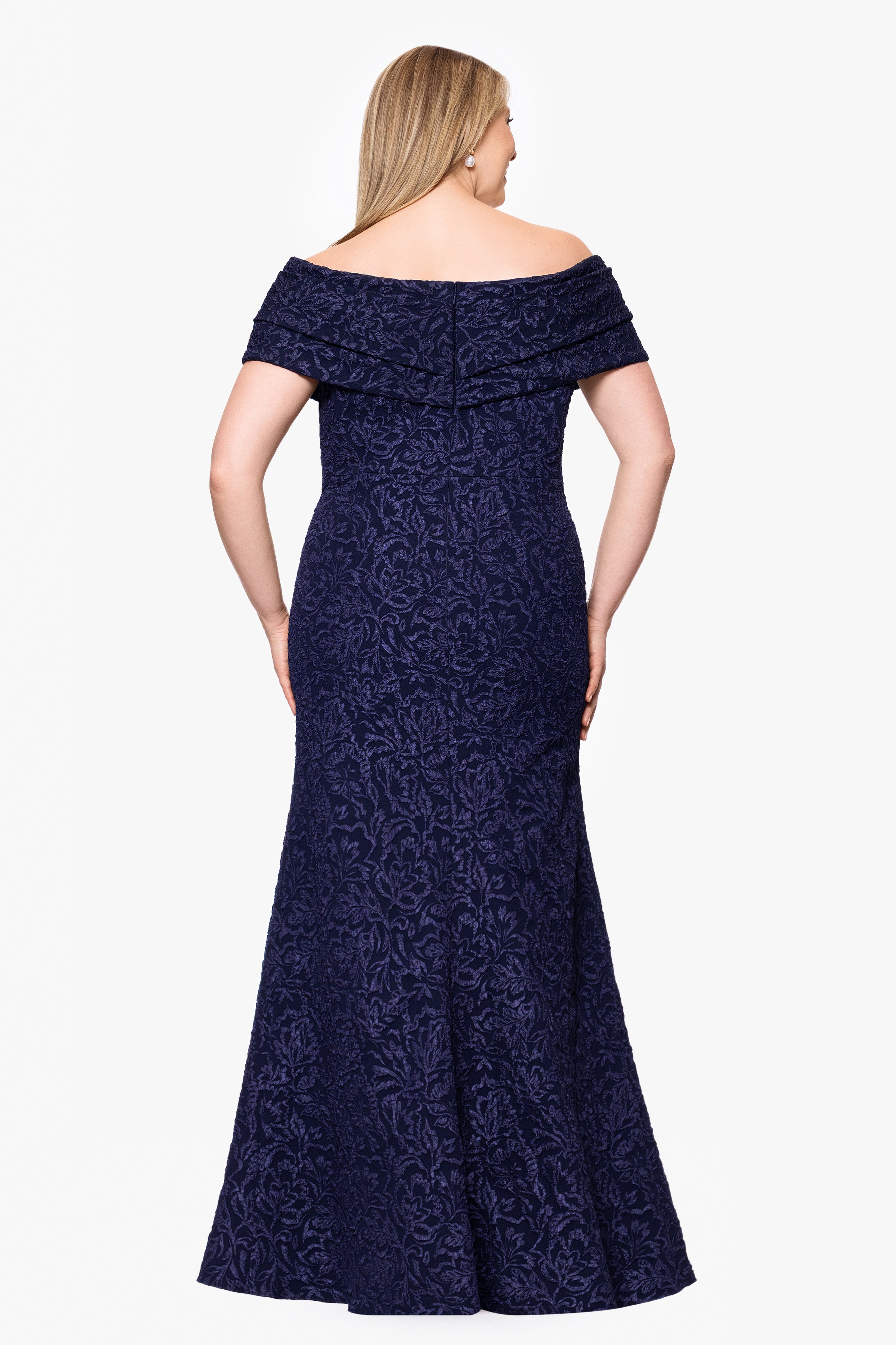 Plus "Dolly" Jacquard Off the Shoulder Floor Length Dress