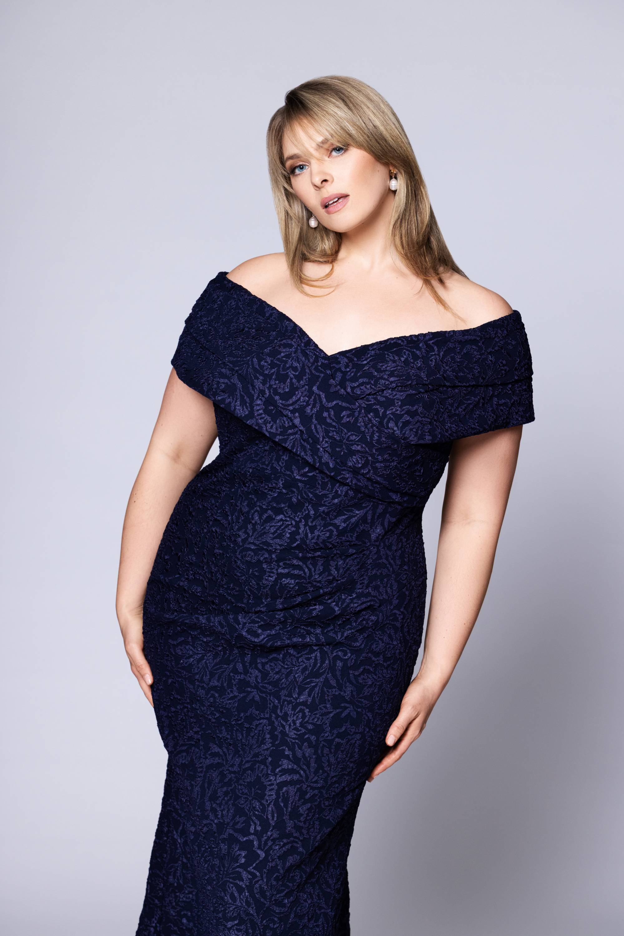Plus "Dolly" Jacquard Off the Shoulder Floor Length Dress