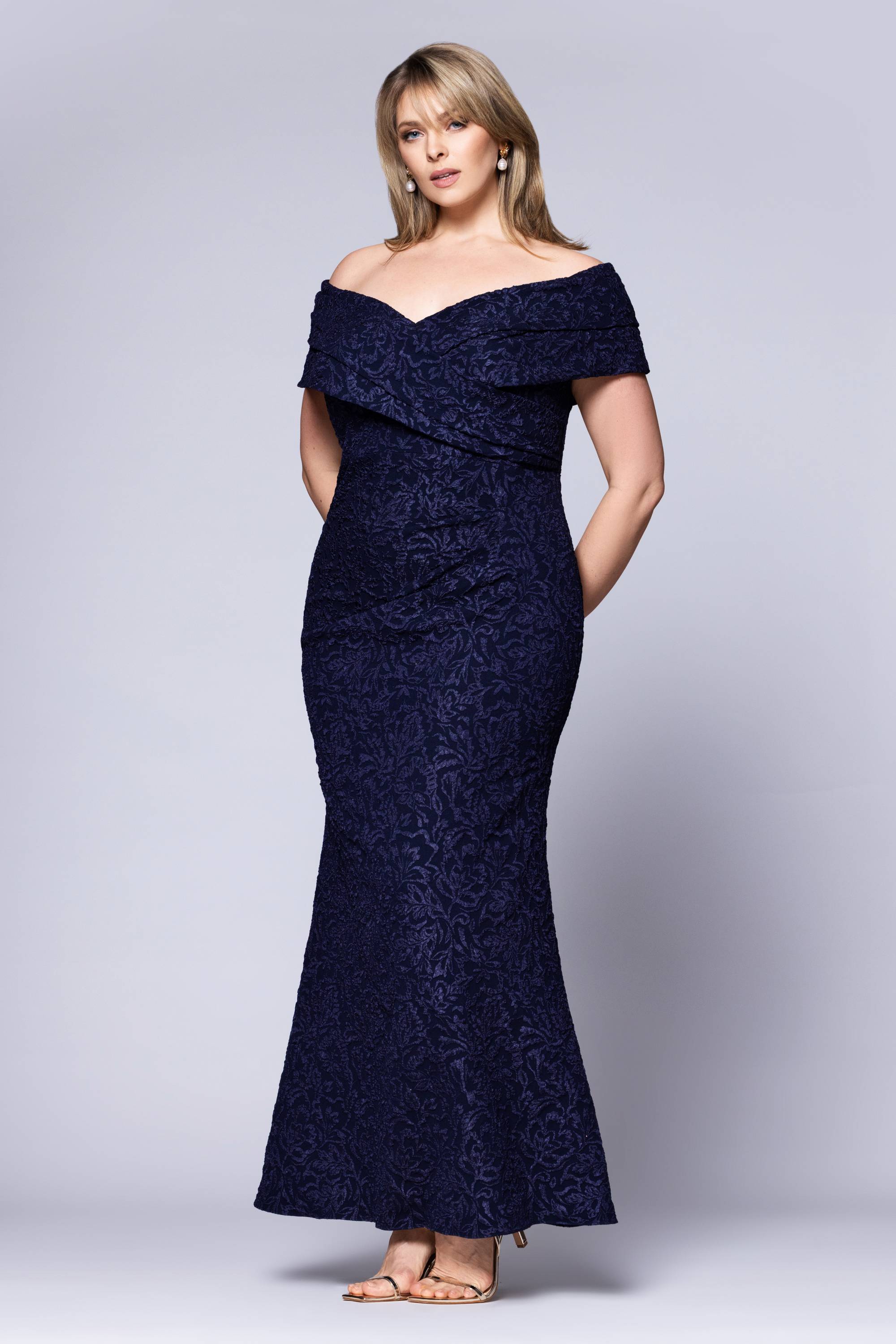 Plus "Dolly" Jacquard Off the Shoulder Floor Length Dress