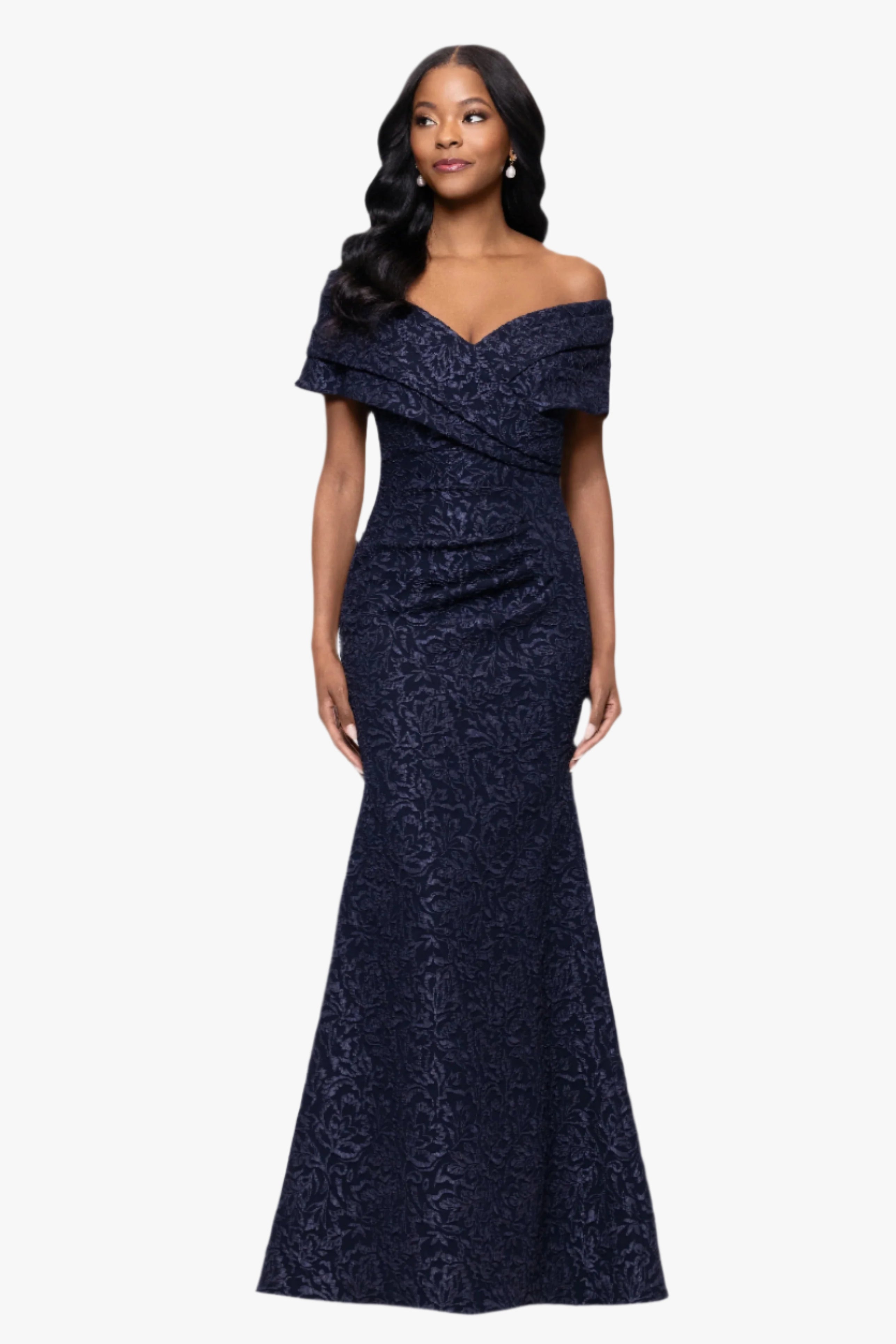 Petite "Dolly" Jacquard Off the Shoulder Floor Length Dress