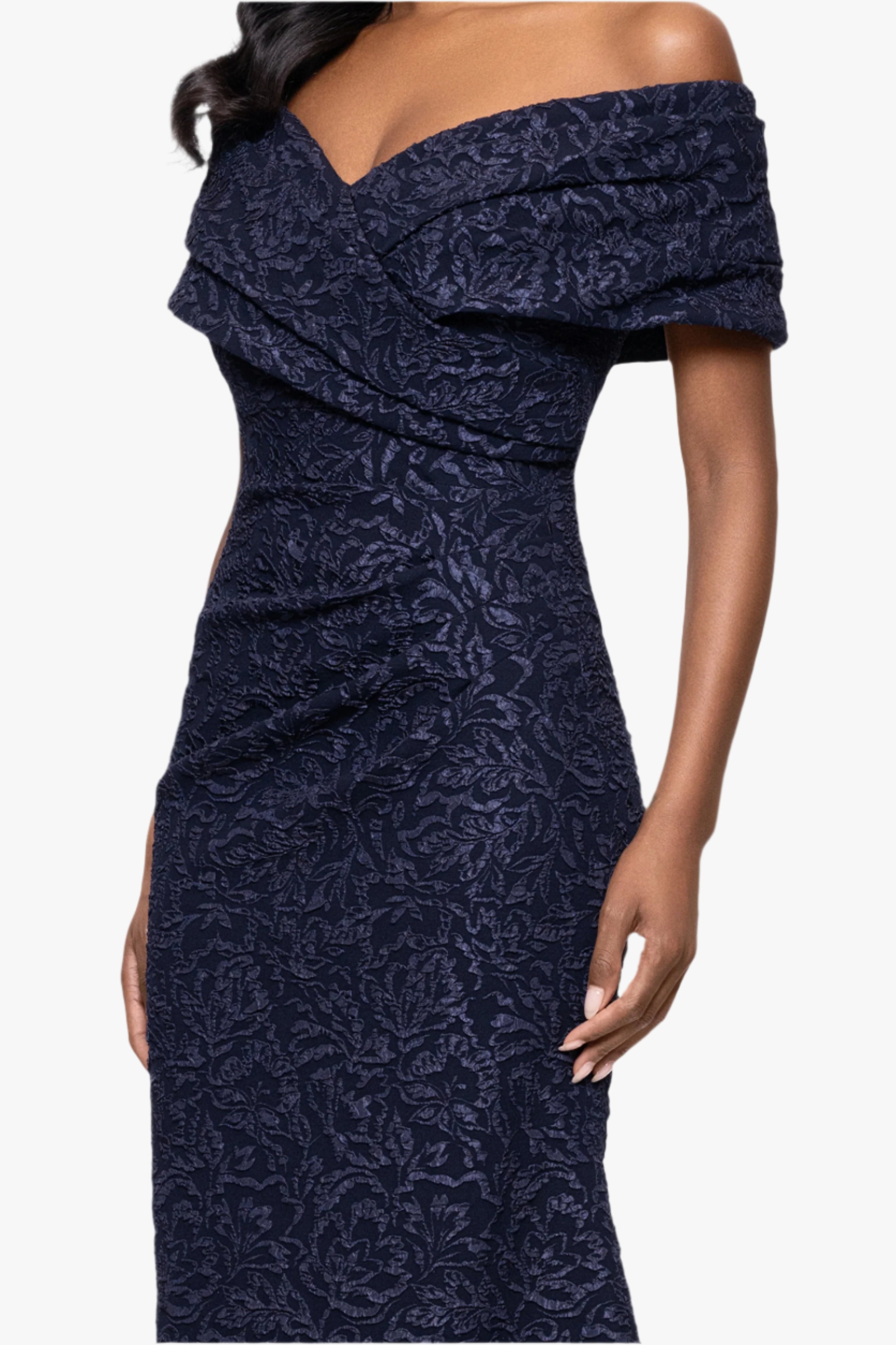 Petite "Dolly" Jacquard Off the Shoulder Floor Length Dress