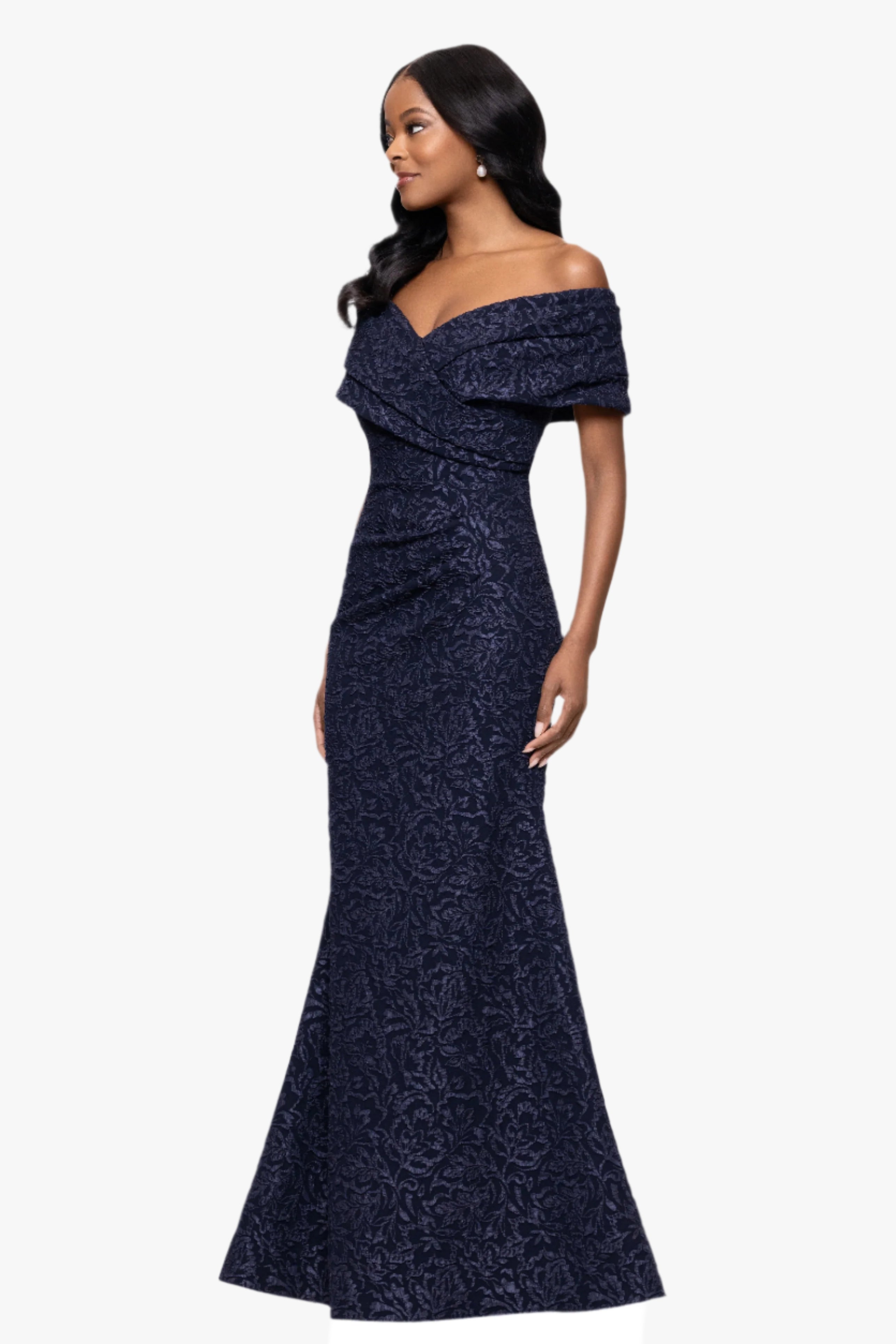 Petite "Dolly" Jacquard Off the Shoulder Floor Length Dress