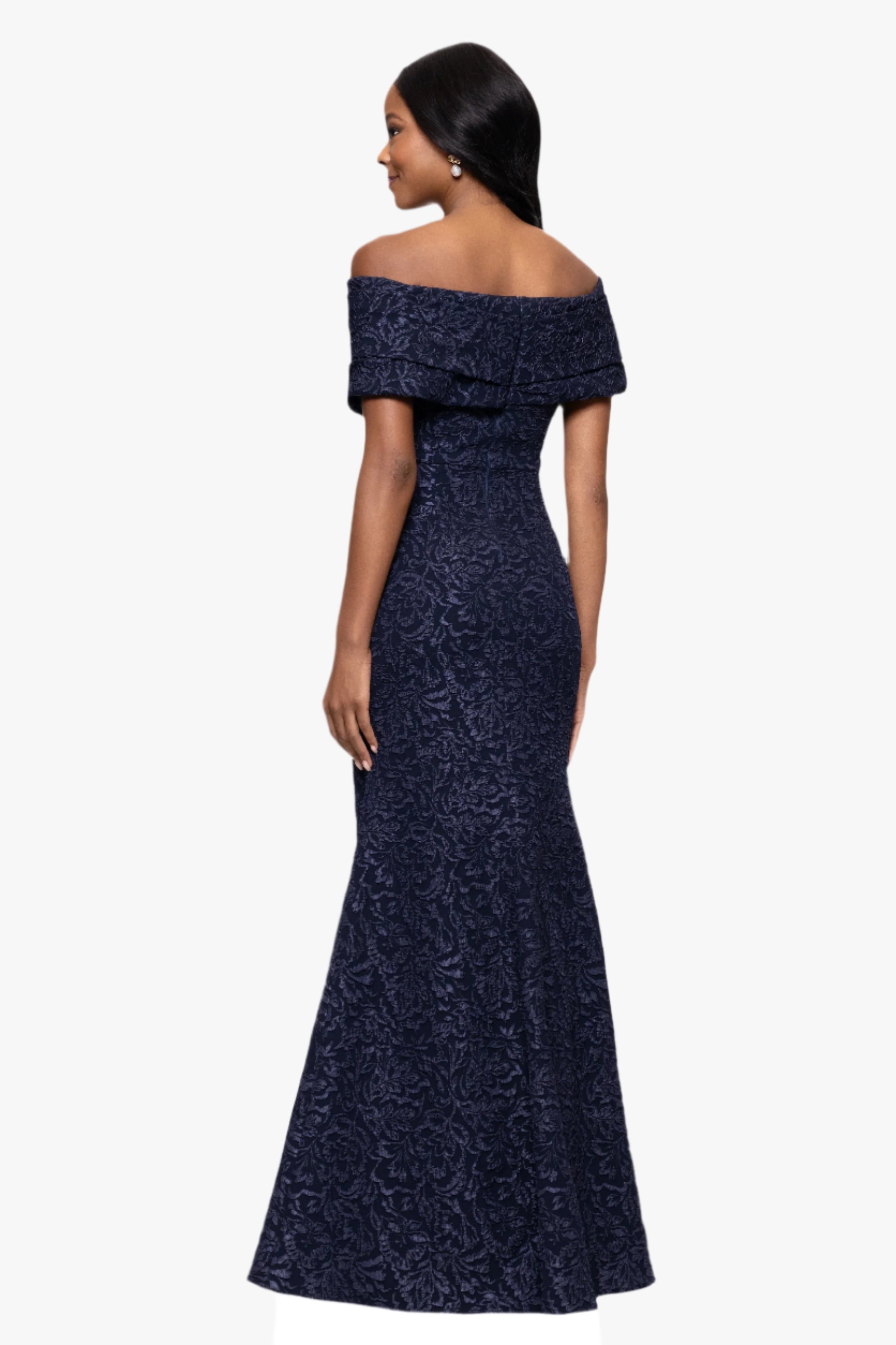 Petite "Dolly" Jacquard Off the Shoulder Floor Length Dress