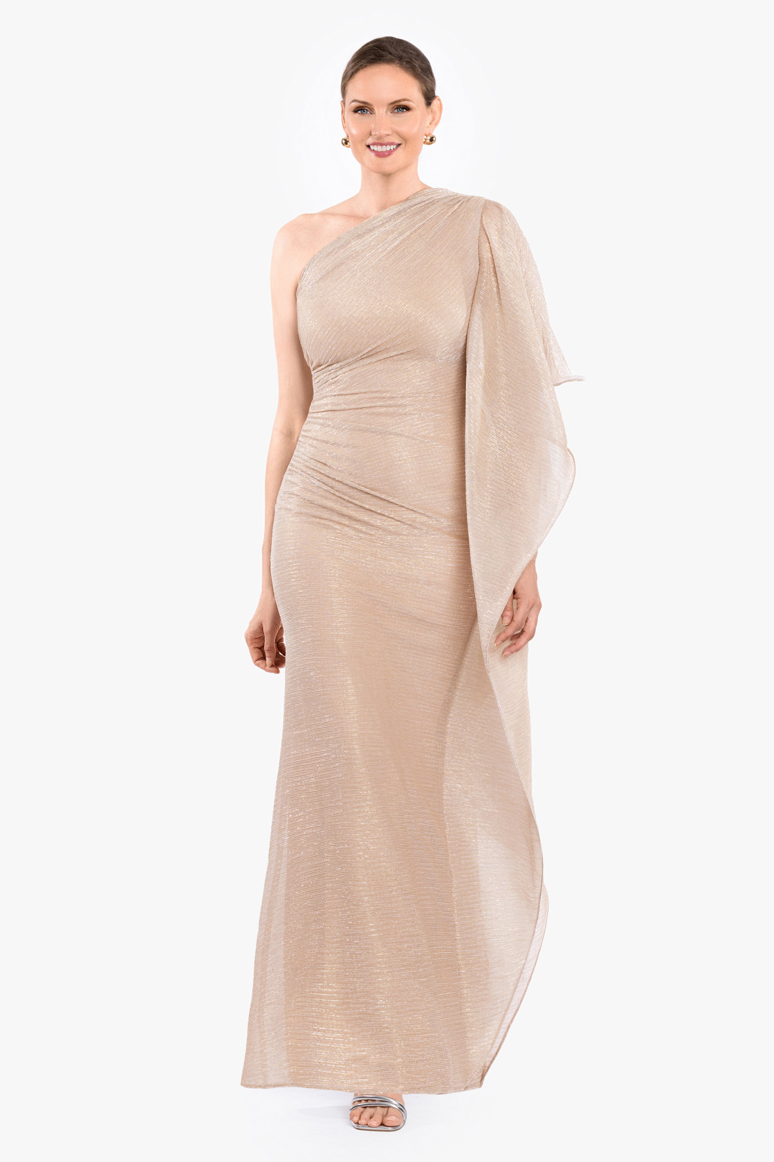 “Graclyn” Metallic One Shoulder Side Ruffle Dress