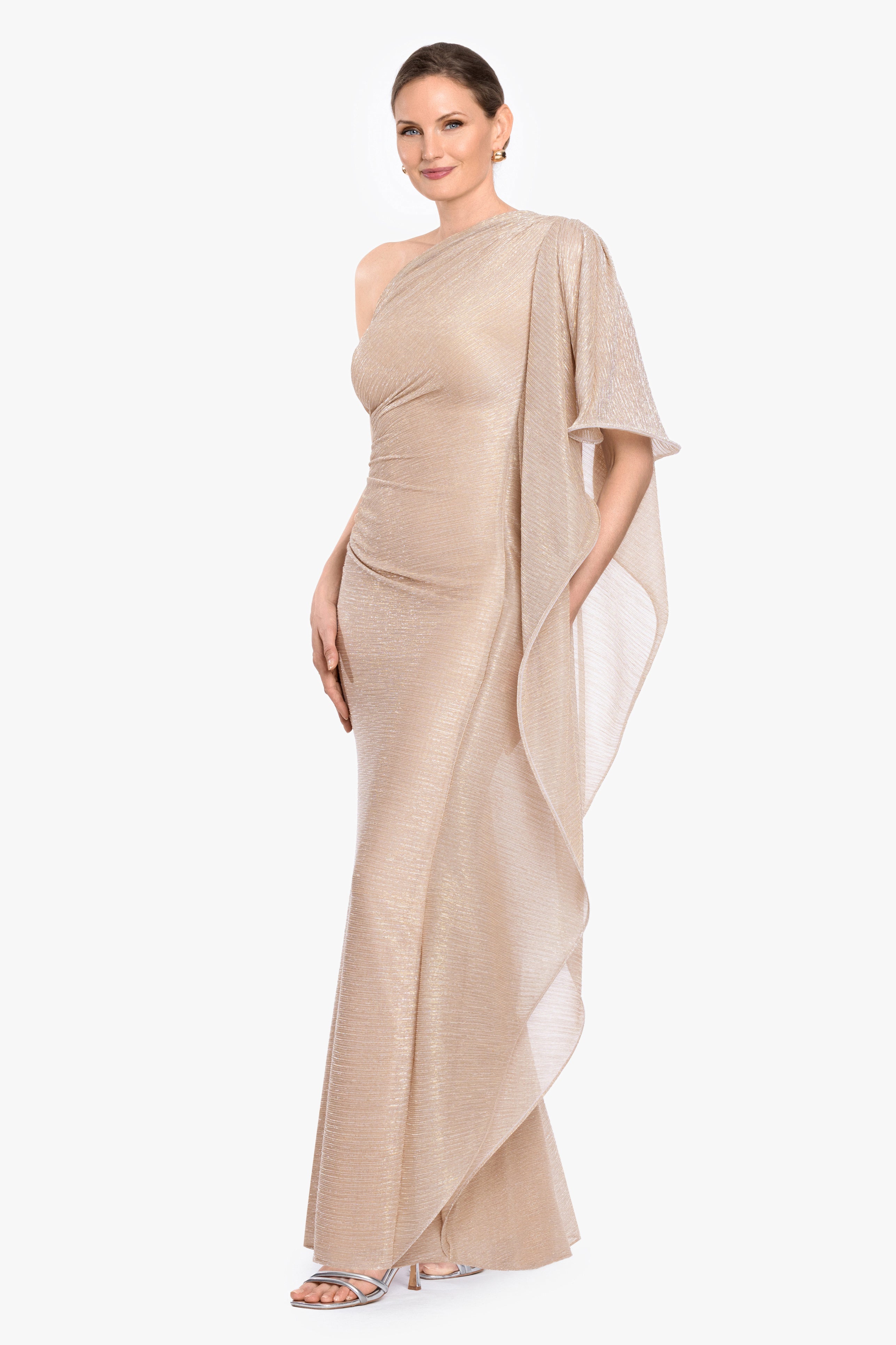 “Graclyn” Metallic One Shoulder Side Ruffle Dress