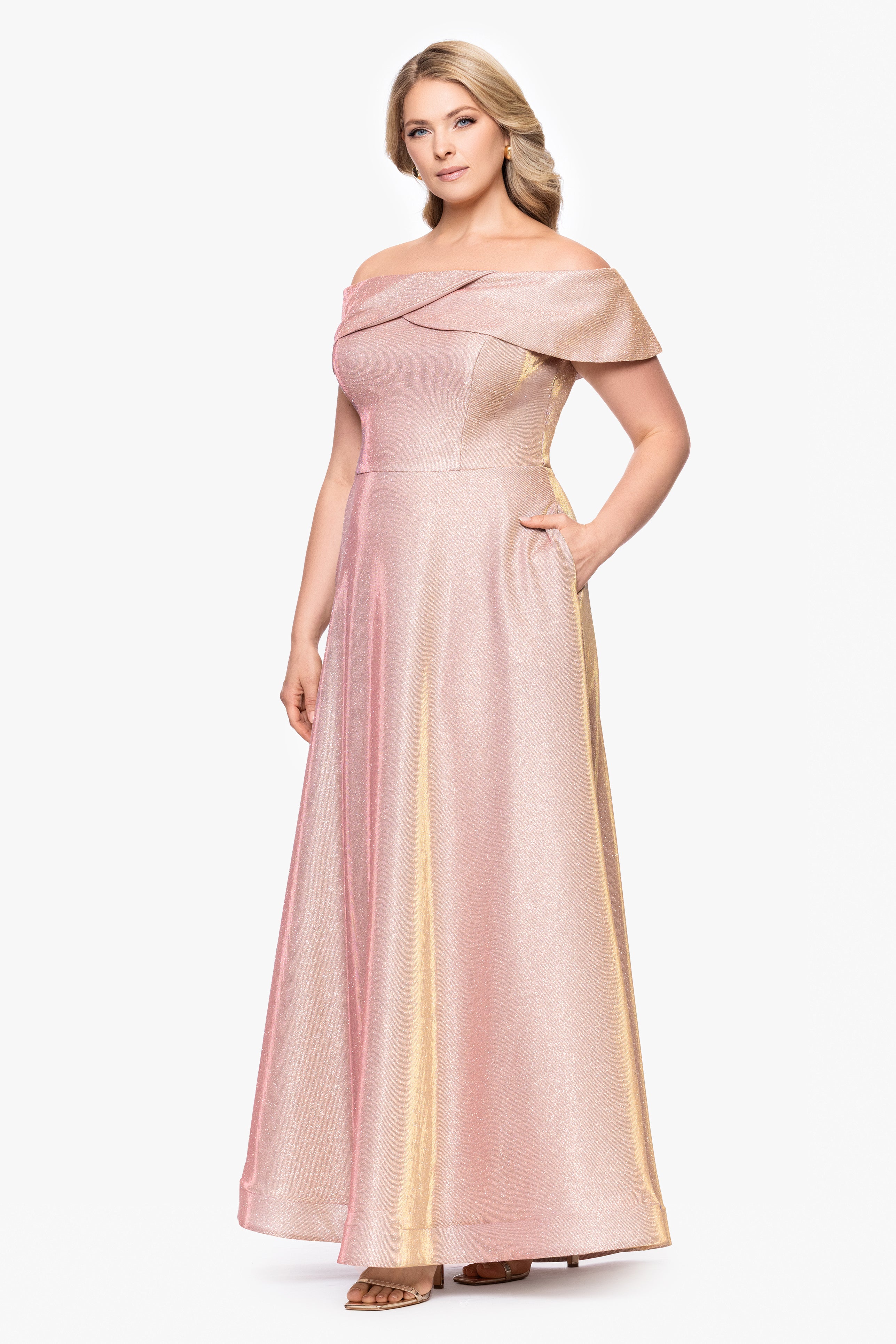 Plus "Kendra" Galaxy Glitter Off the Shoulder Floor Length Gown