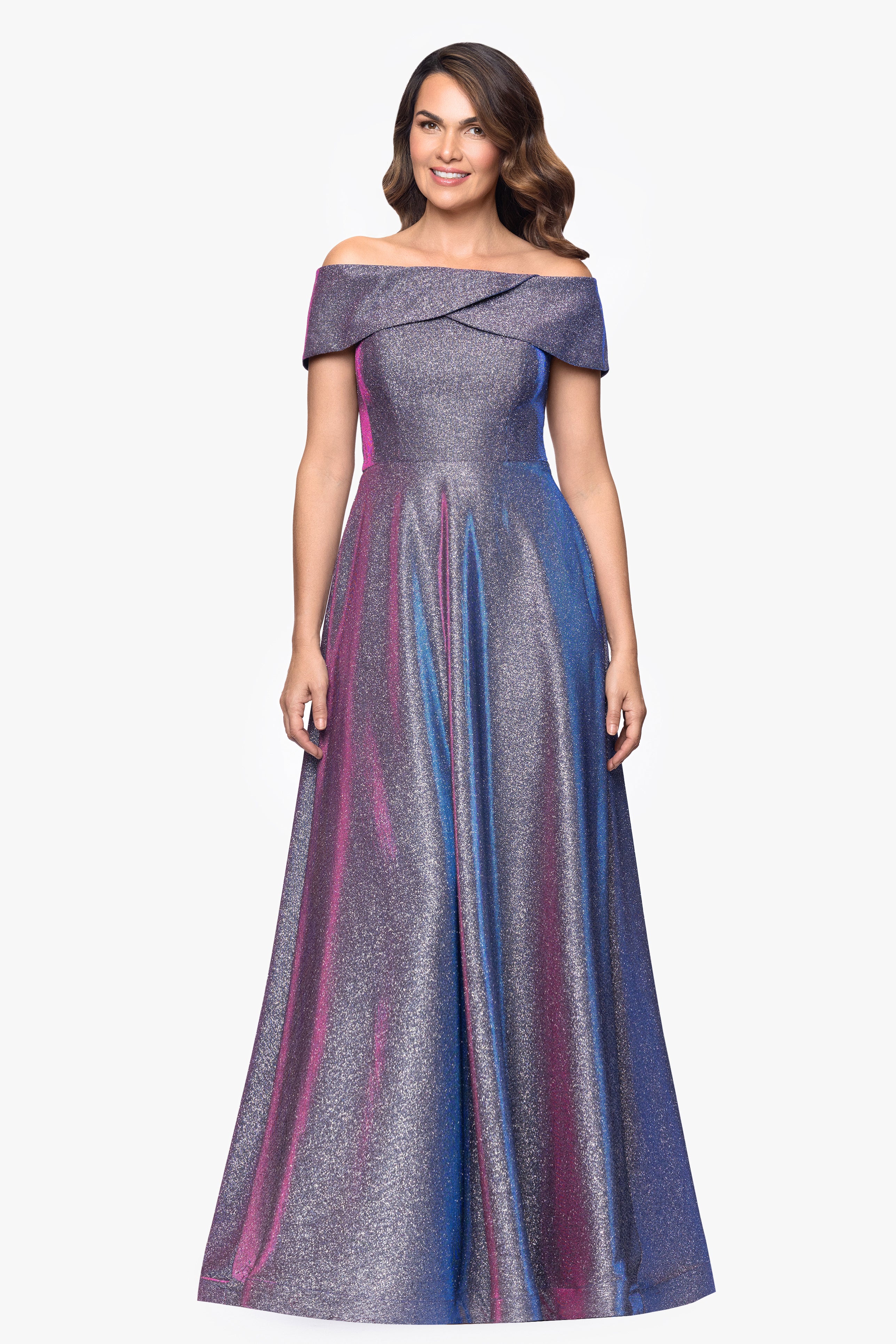 "Kendra" Galaxy Glitter Off the Shoulder Floor Length Gown